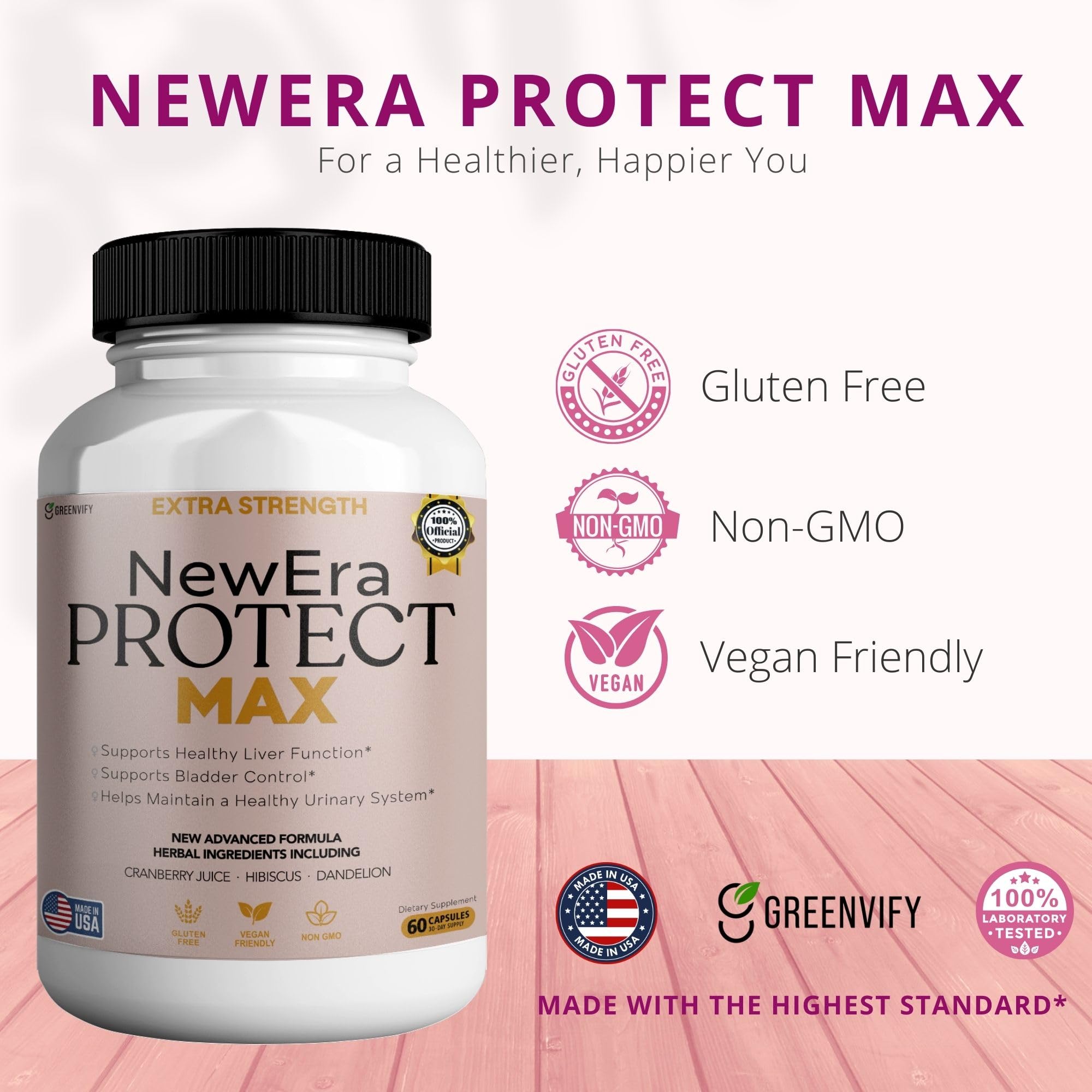 GREENVIFY New Era Protect Max Urinary Support – 60 Veggie Capsules | 1000mg D-Mannose with Cranberry, Hibiscus & Dandelion