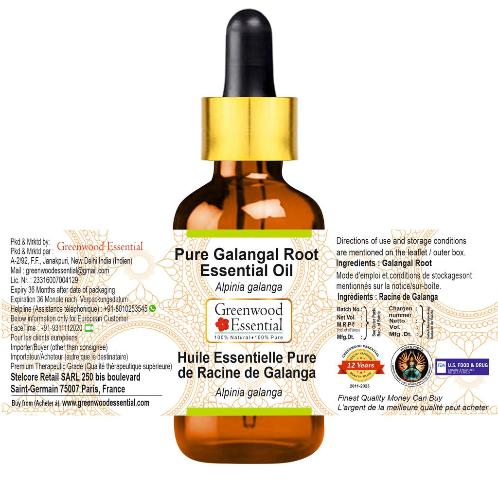 Greenwood Galangal Root Essential Oil (Alpinia Galanga) – Steam Distilled 5ml with Glass Dropper | Pure, Lightweight, Non-Sticky