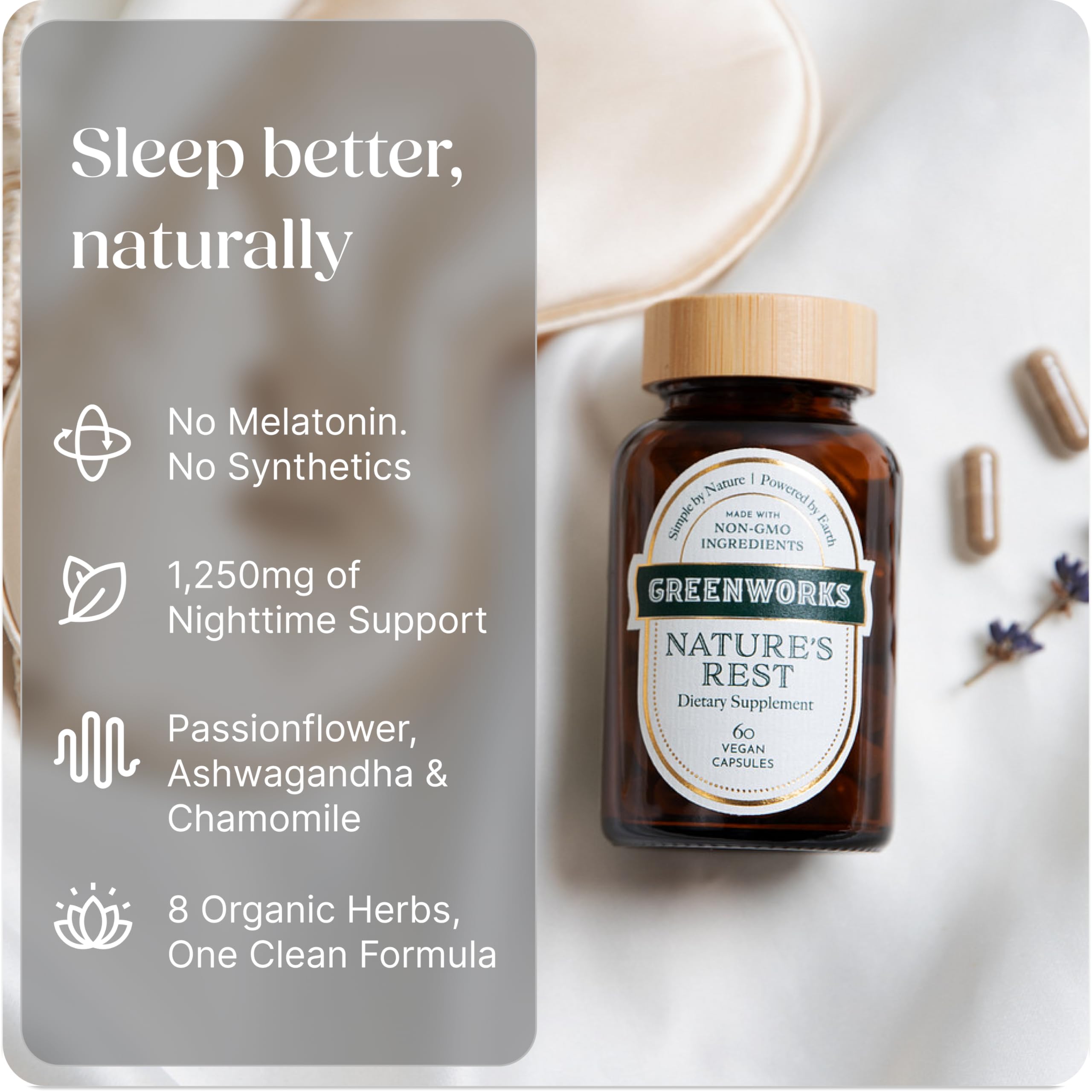 Greenworks Nature's Rest Melatonin-Free Sleep Aid | Organic Herbal Blend (60 Count)