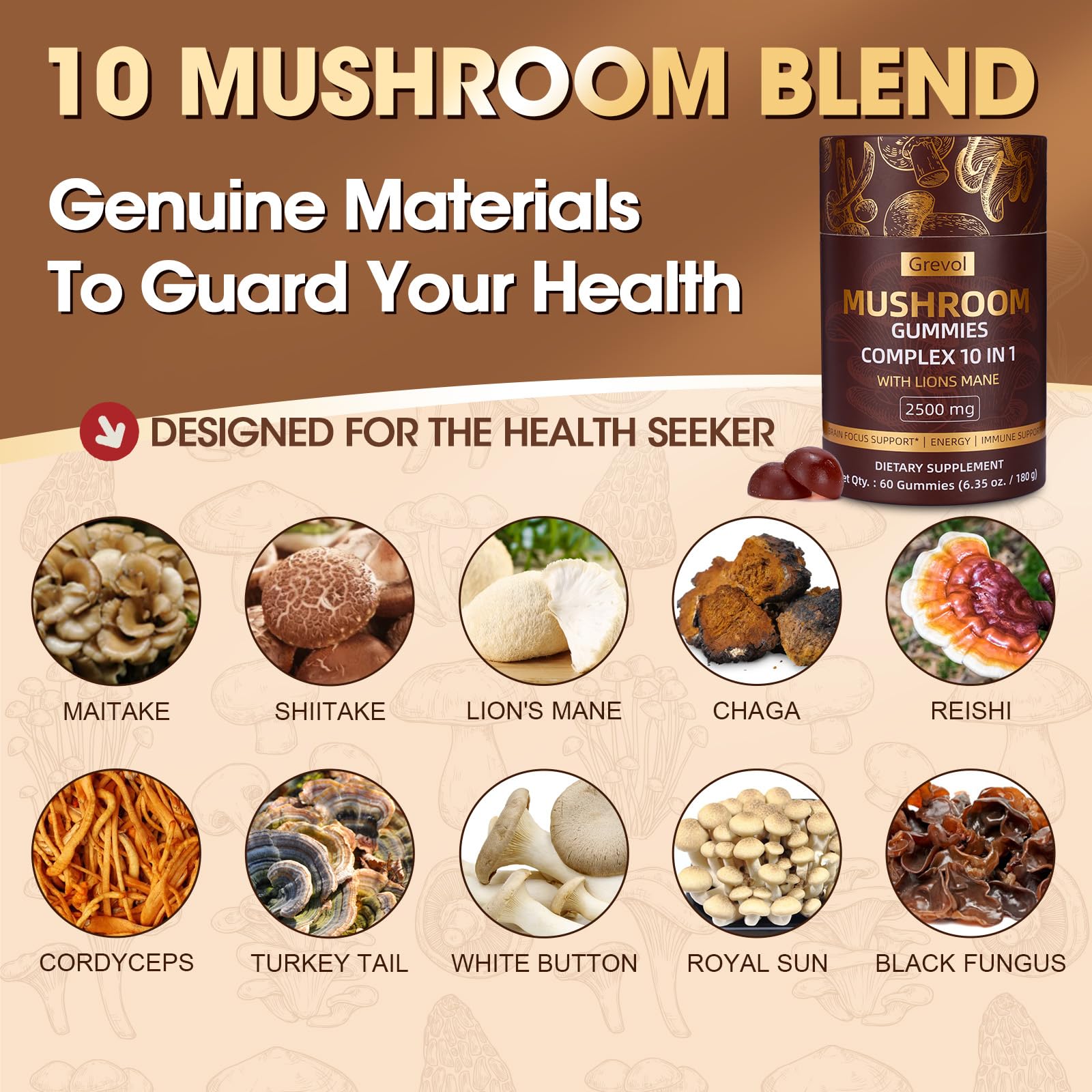 Grevol Mushroom Gummies with Lion's Mane – 60 Counts | 10-Mushroom Complex
