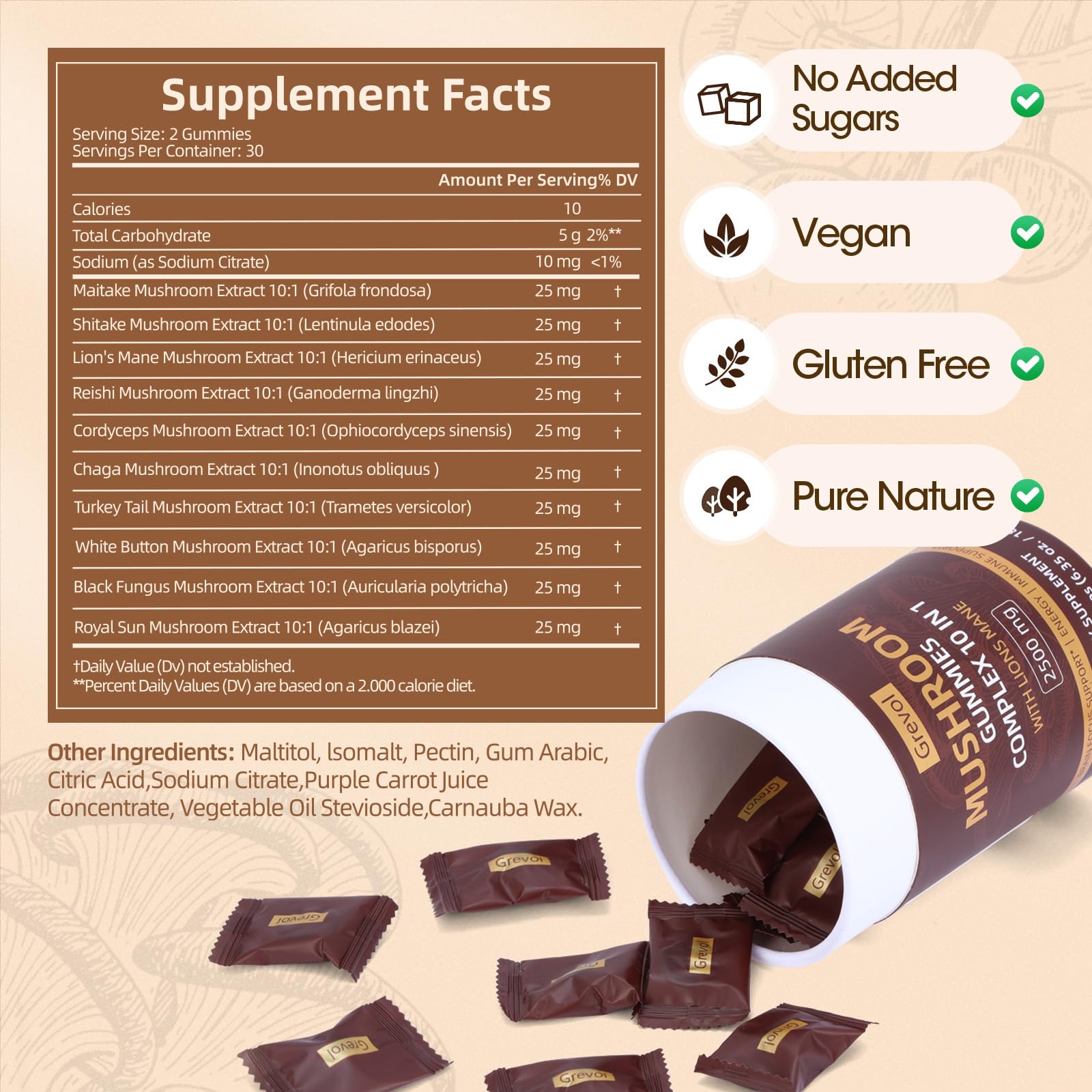 Grevol Mushroom Gummies with Lion's Mane – 60 Counts | 10-Mushroom Complex