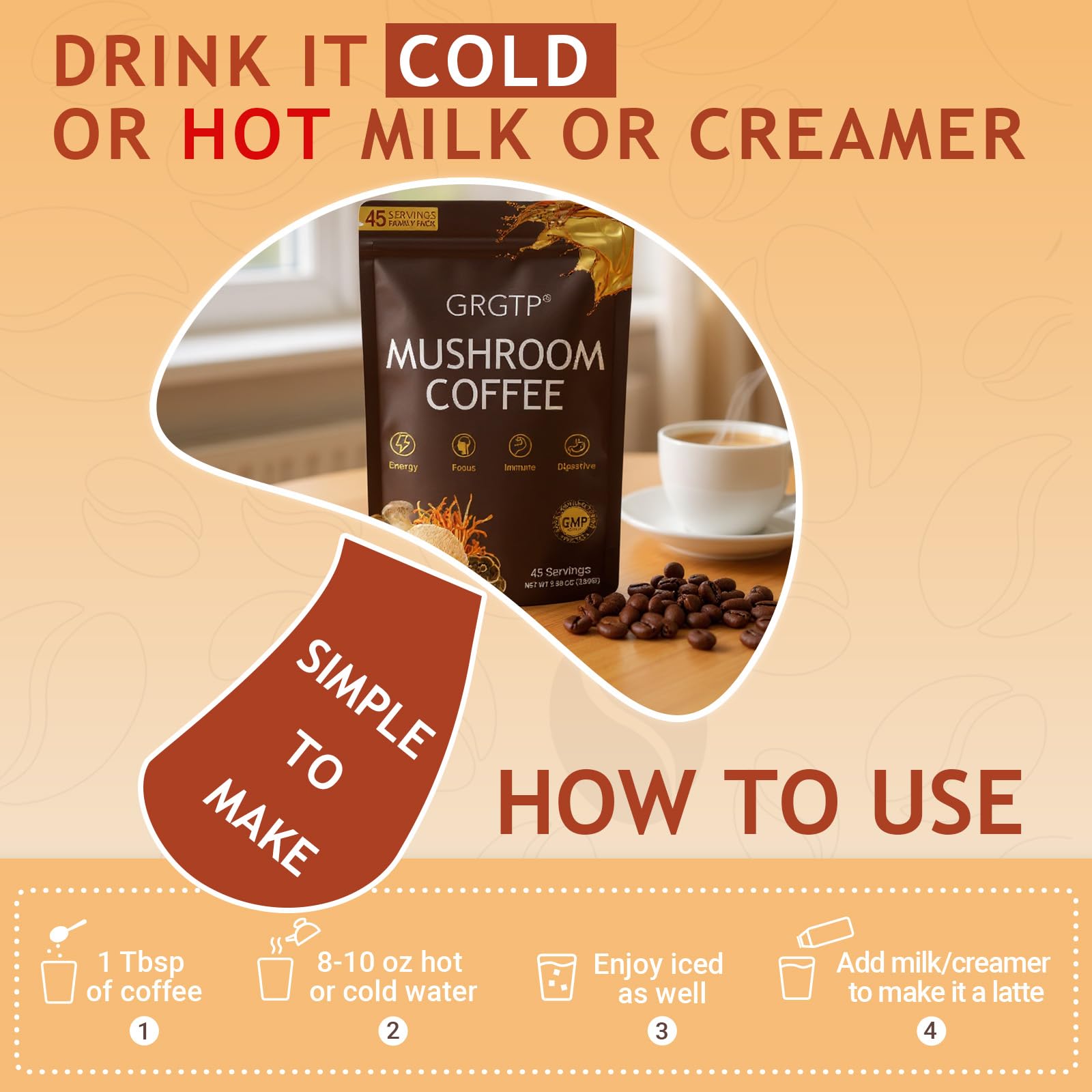 GRGTP Mushroom Coffee - 6 Adaptogens, Jitter-Free Energy, 45 Servings