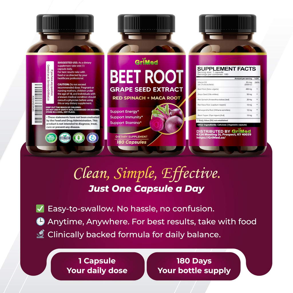 GriMed Beet Root with Grape Seed Extract, Maca Root, Red Spinach & Ashwagandha – 180 Vegetable Capsules