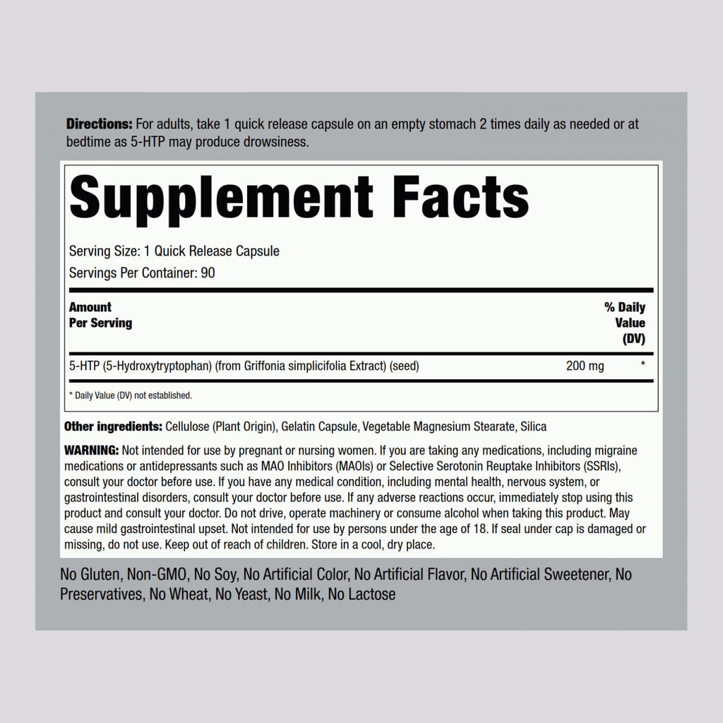 Piping Rock 5-HTP Supplement | 200mg | 90 Capsules | 5-Hydroxytryptophan | Griffonia Simplicifolia Extract | Non-GMO, Gluten Free