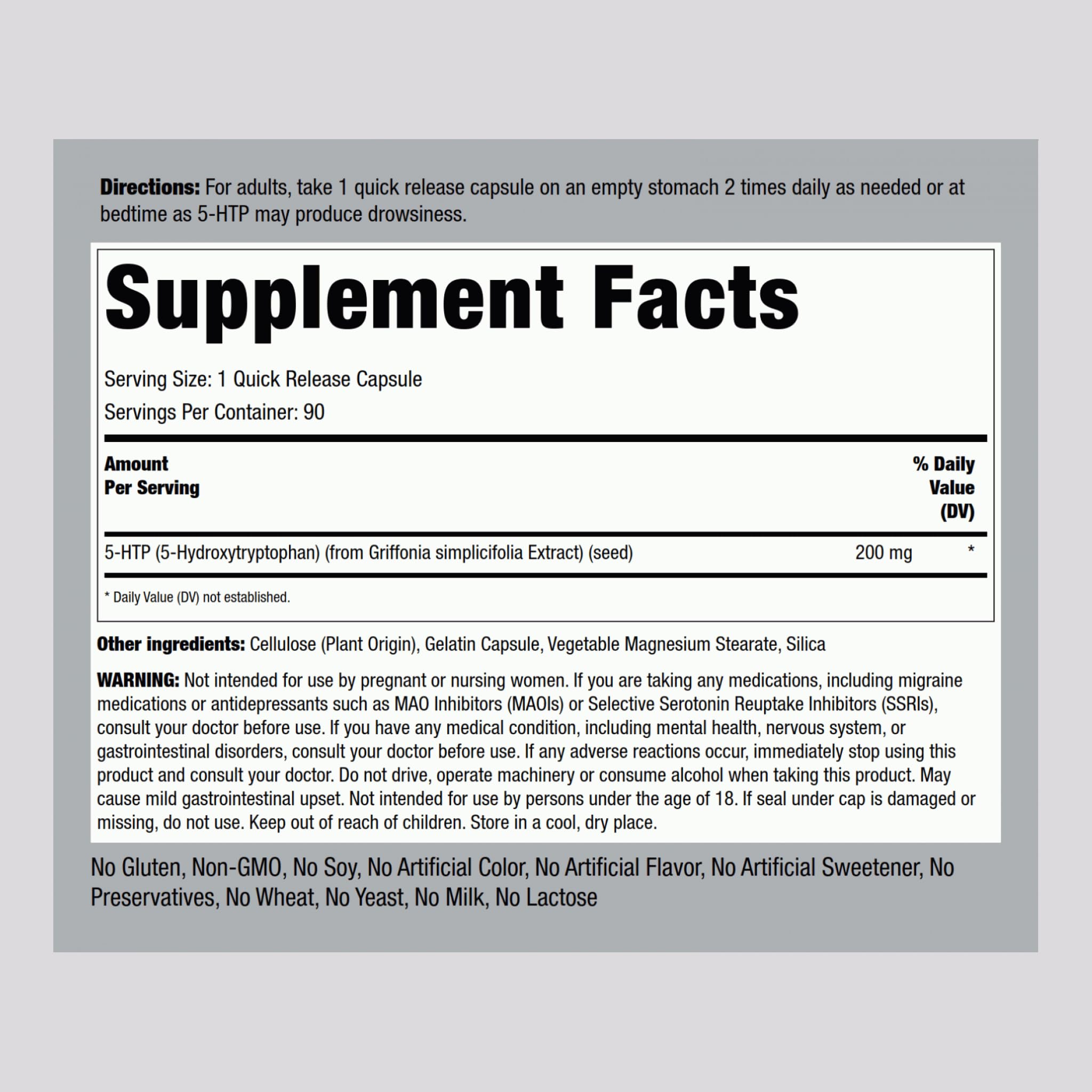 Piping Rock 5-HTP Supplement | 200mg | 90 Capsules | 5-Hydroxytryptophan | Griffonia Simplicifolia Extract | Non-GMO, Gluten Free