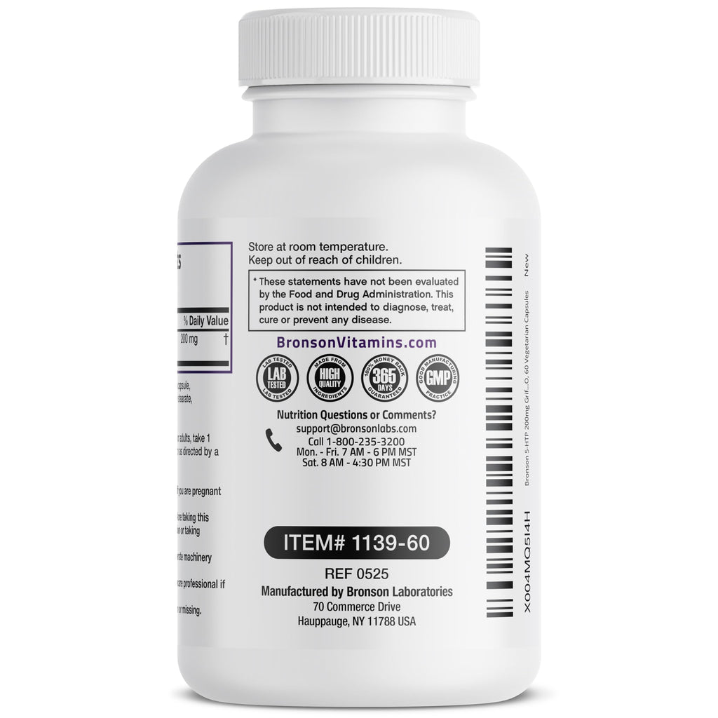Bronson 5-HTP 200mg (Griffonia Simplicifolia) Non-GMO – 60 Vegetarian Capsules