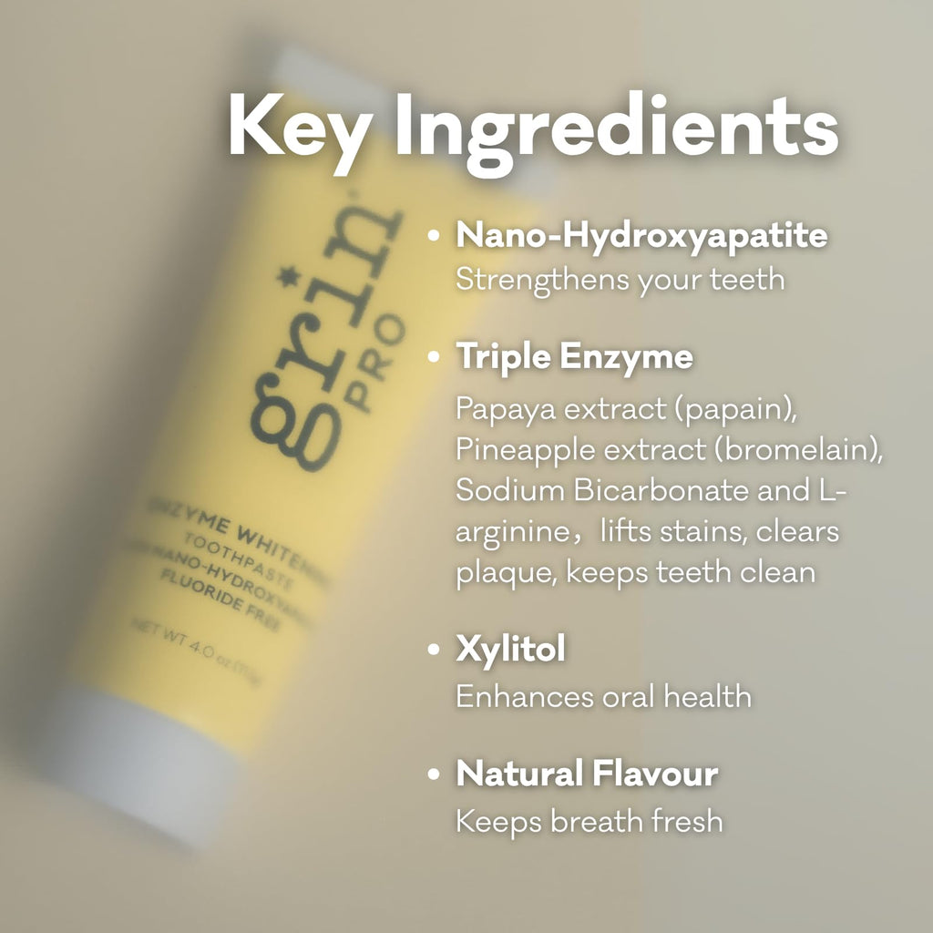 Grin Pro Enzyme Whitening Toothpaste | Nano-Hydroxyapatite, Fluoride Free, SLS Free, Peppermint – 4 oz