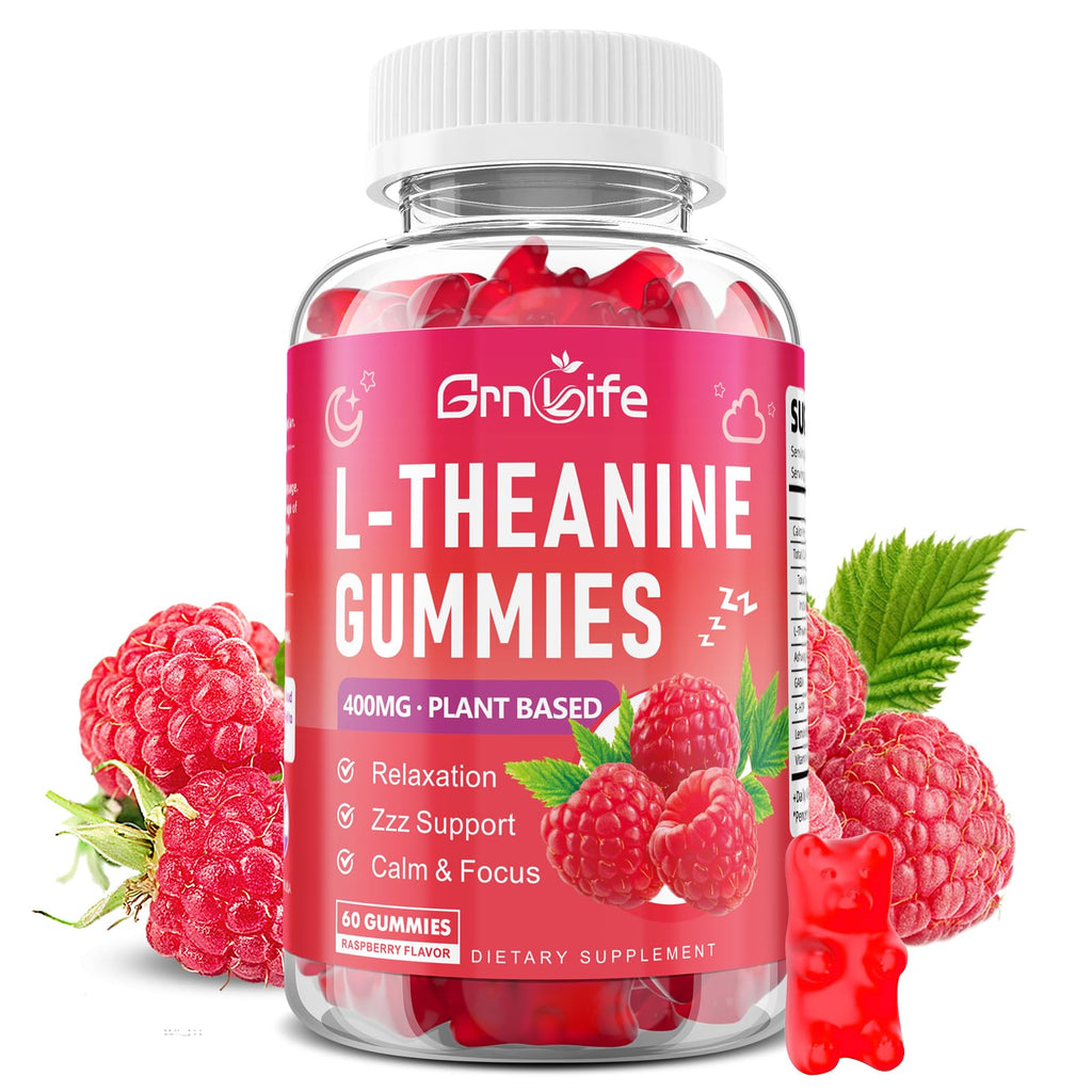 GrnLife L-Theanine Gummies – 400mg with GABA, Ashwagandha, 5HTP, Raspberry, 60 Count