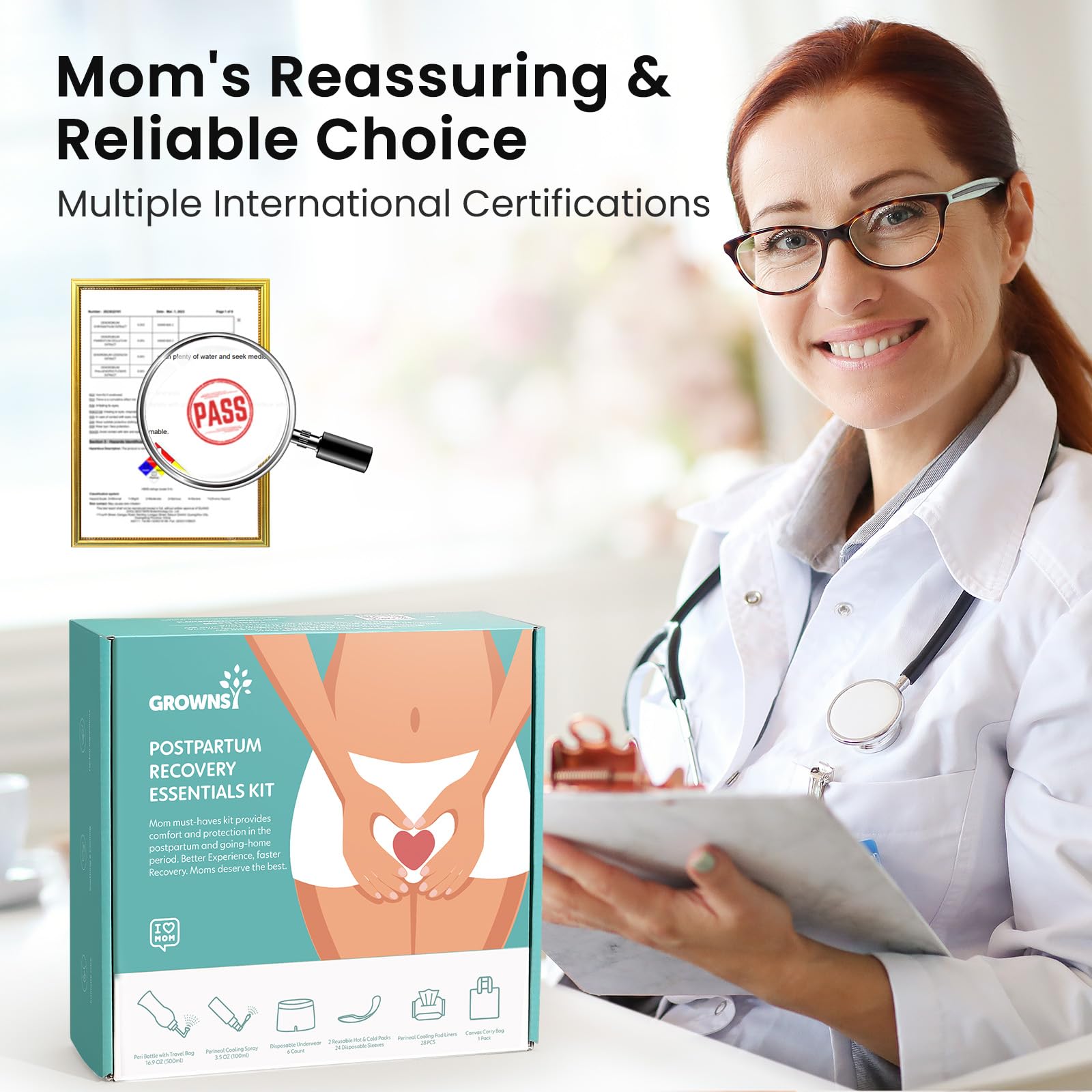 GROWNSY Postpartum Essentials Recovery Kit for Labor & Delivery | Peri Bottle, Perineal Spray & More