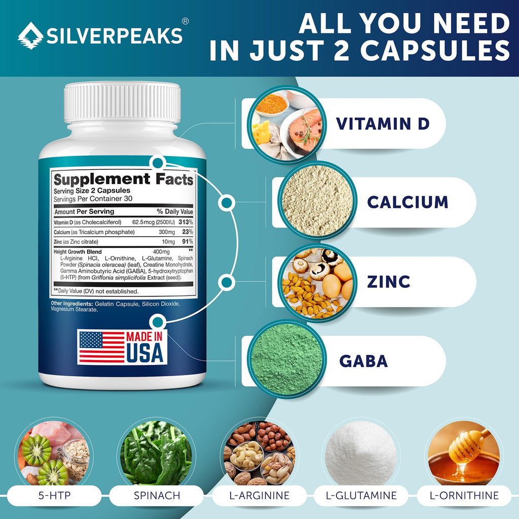 Silverpeaks Growth Capsules - Height Growth Maximizer with Calcium | Made in USA
