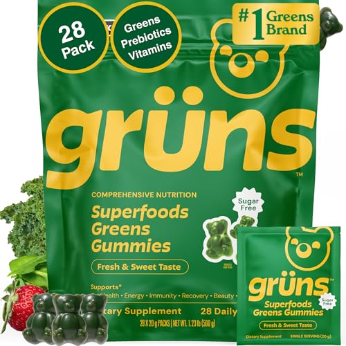 Grüns Adult Sugar-Free Super Greens Gummies – Multivitamin with 60+ Ingredients, 28 Daily Packets