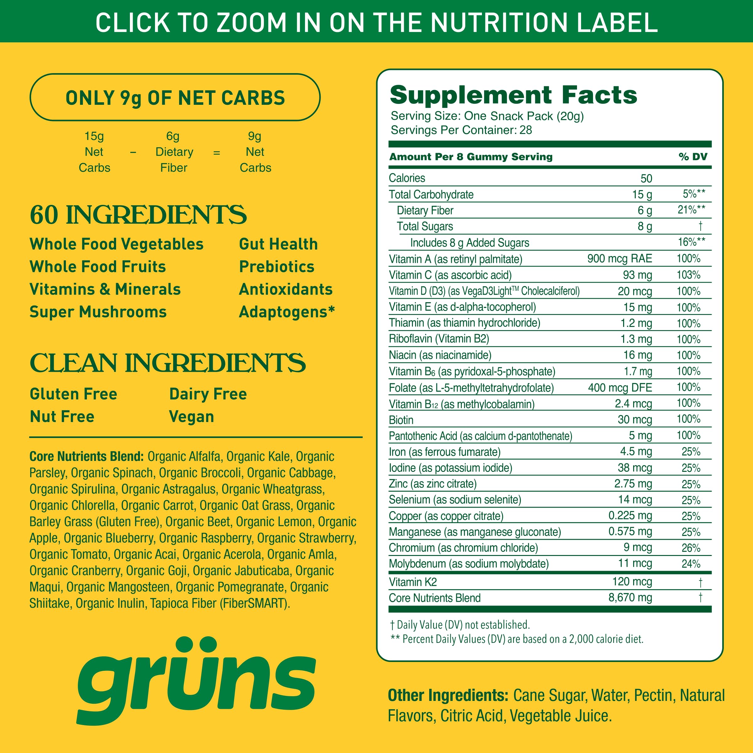 Grüns Adults Super Greens Multivitamin Gummies – 60+ Nutrients, 6g Fiber, 28 Pack