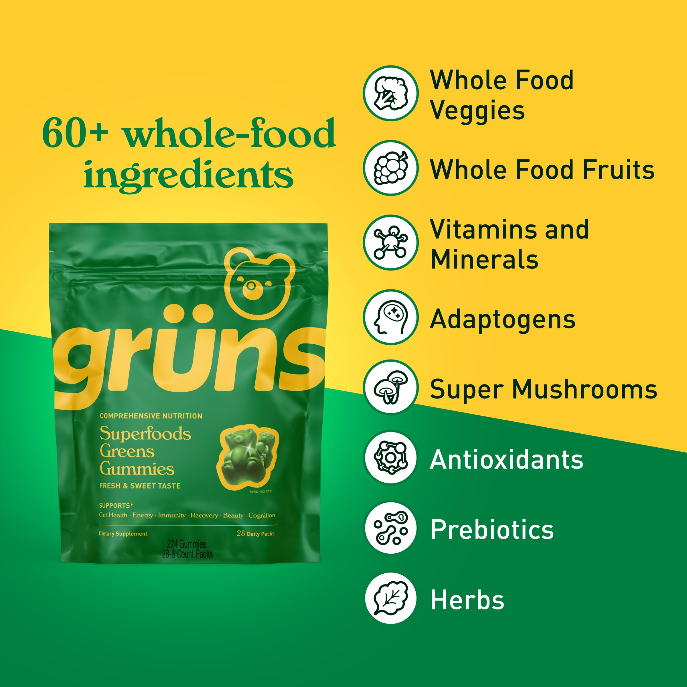 Grüns Adults Super Greens Multivitamin Gummies – 60+ Nutrients, 6g Fiber, 28 Pack