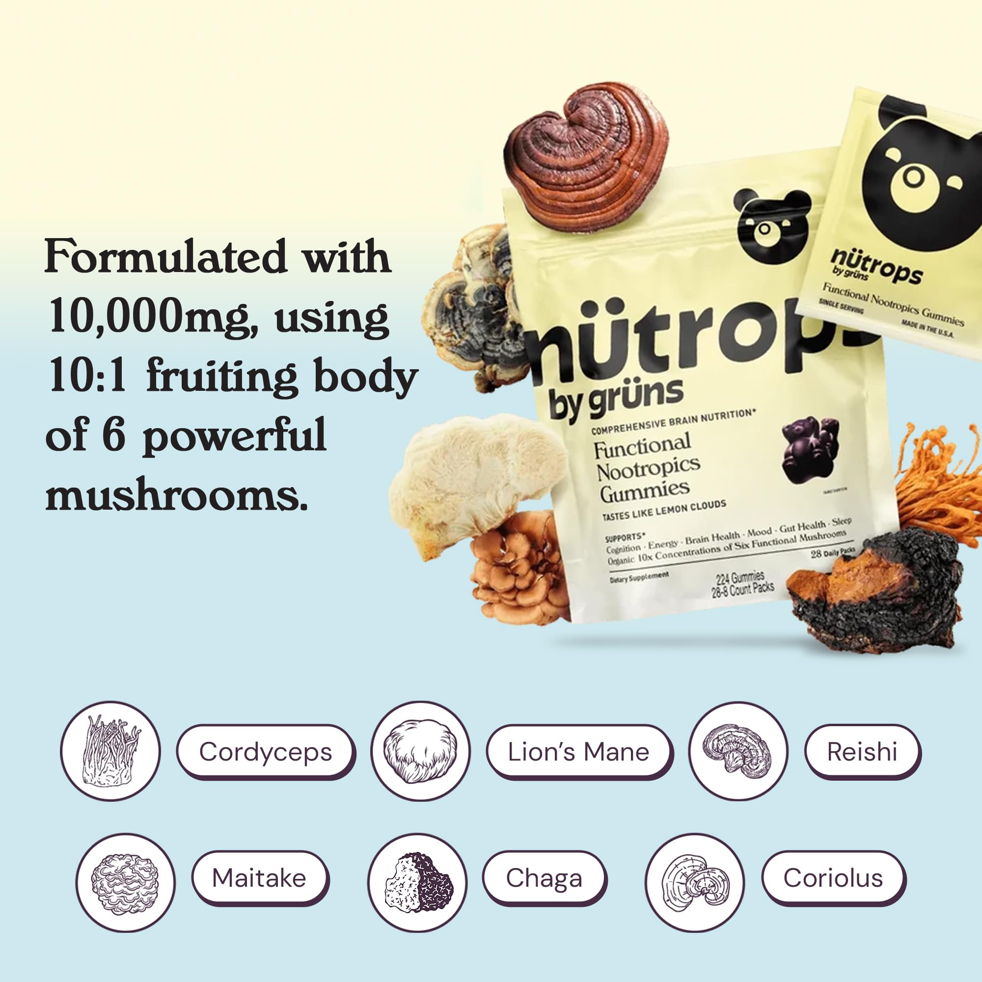 Grüns Nutrops Sugar-Free Lions Mane Gummies — Focus, Energy & Brain Health (28 Day Supply)