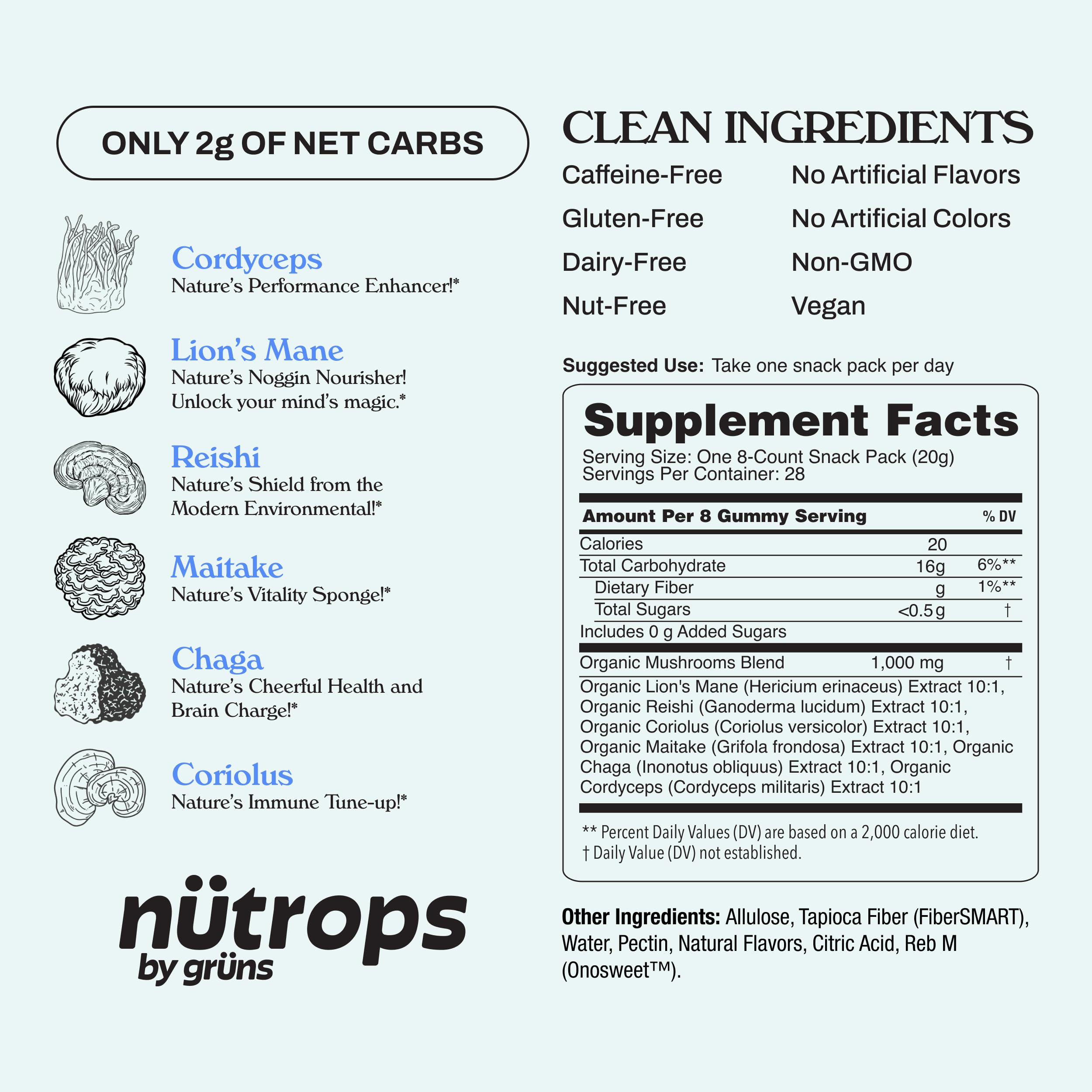 Grüns Nutrops Sugar-Free Lions Mane Gummies — Focus, Energy & Brain Health (28 Day Supply)