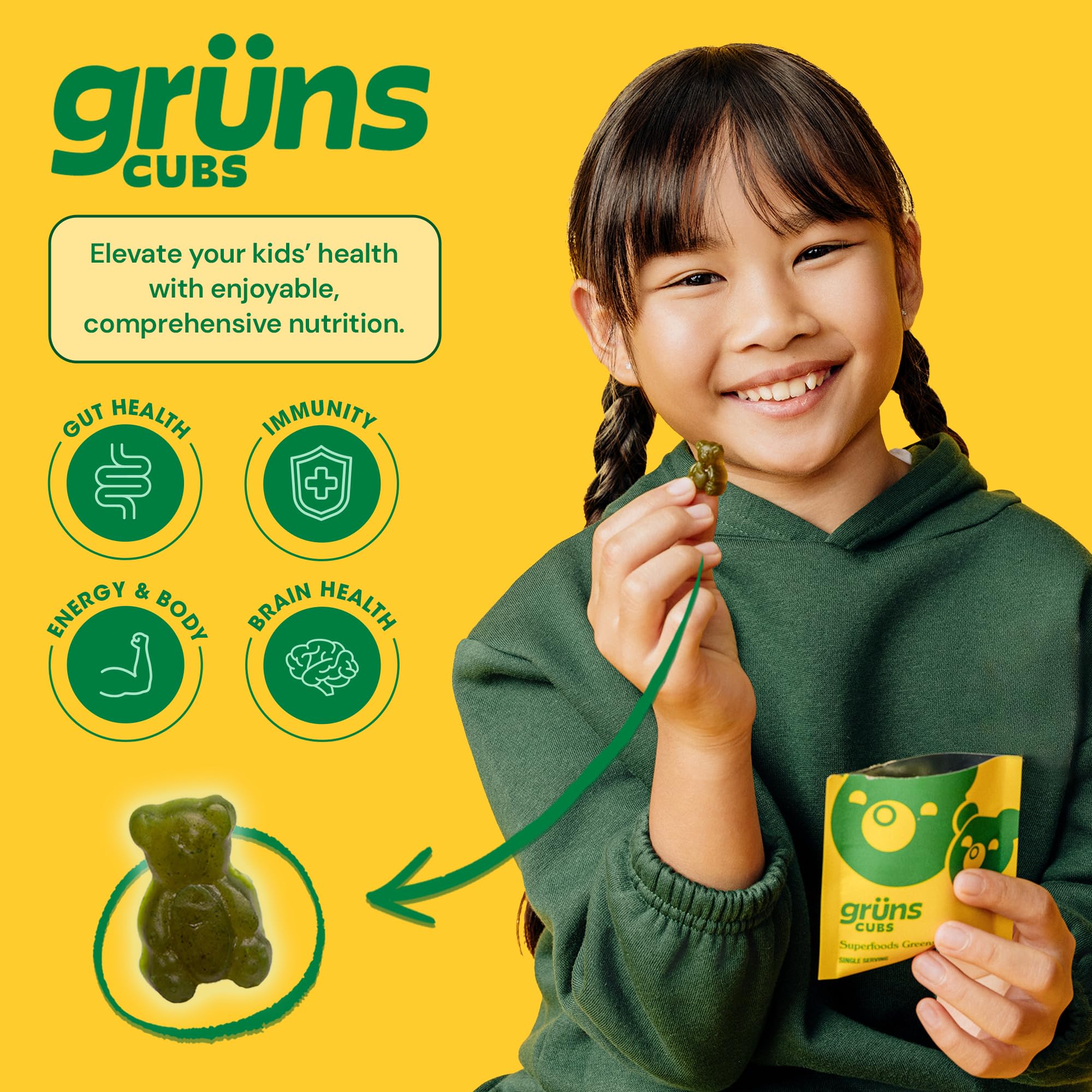 Grüns Kids Multivitamin Gummies – 20+ Vitamins & Minerals, Super Greens with Spirulina & Prebiotics | 28ct