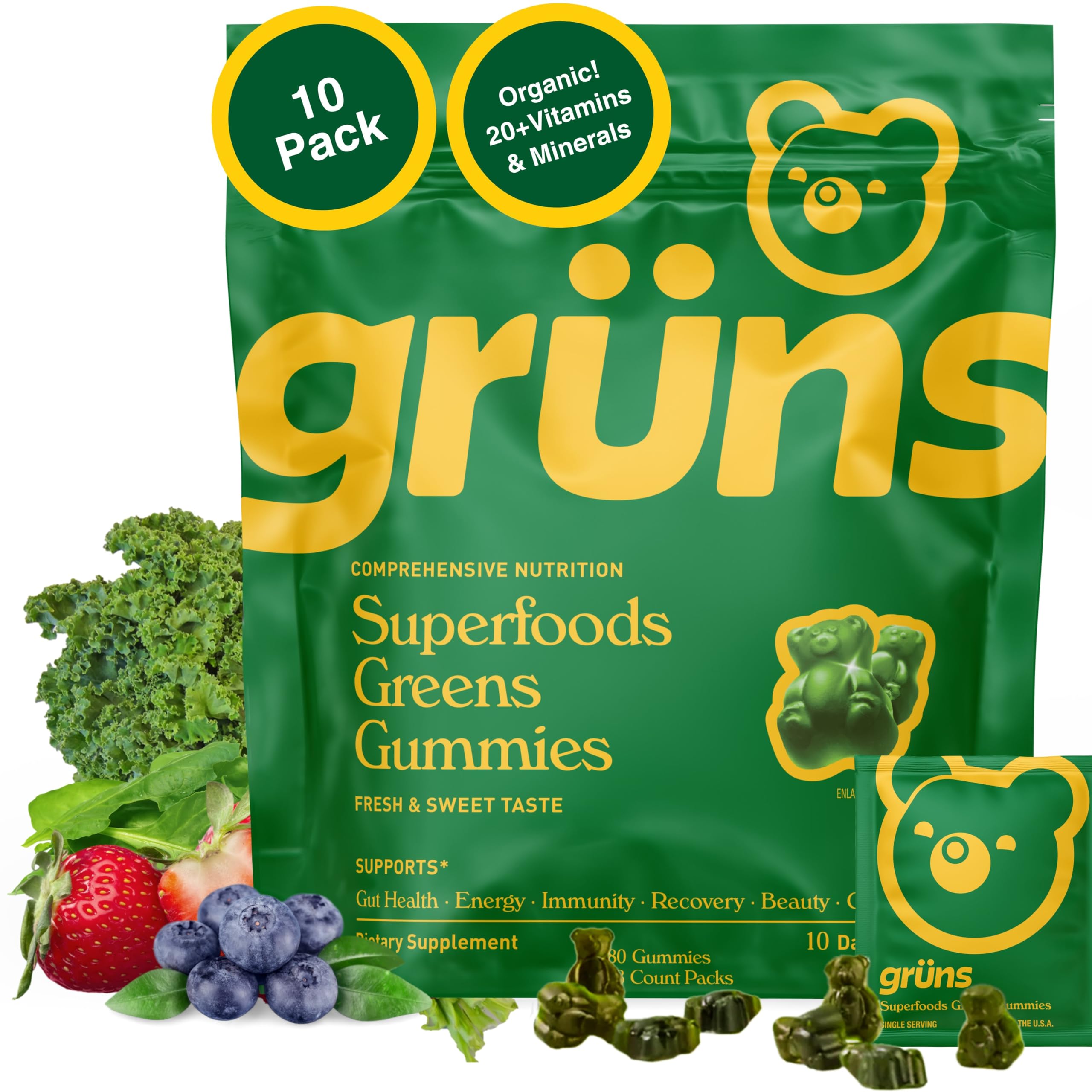 Grüns Adults Super Greens Gummies – Multivitamin, Digestive Health, Adaptogens