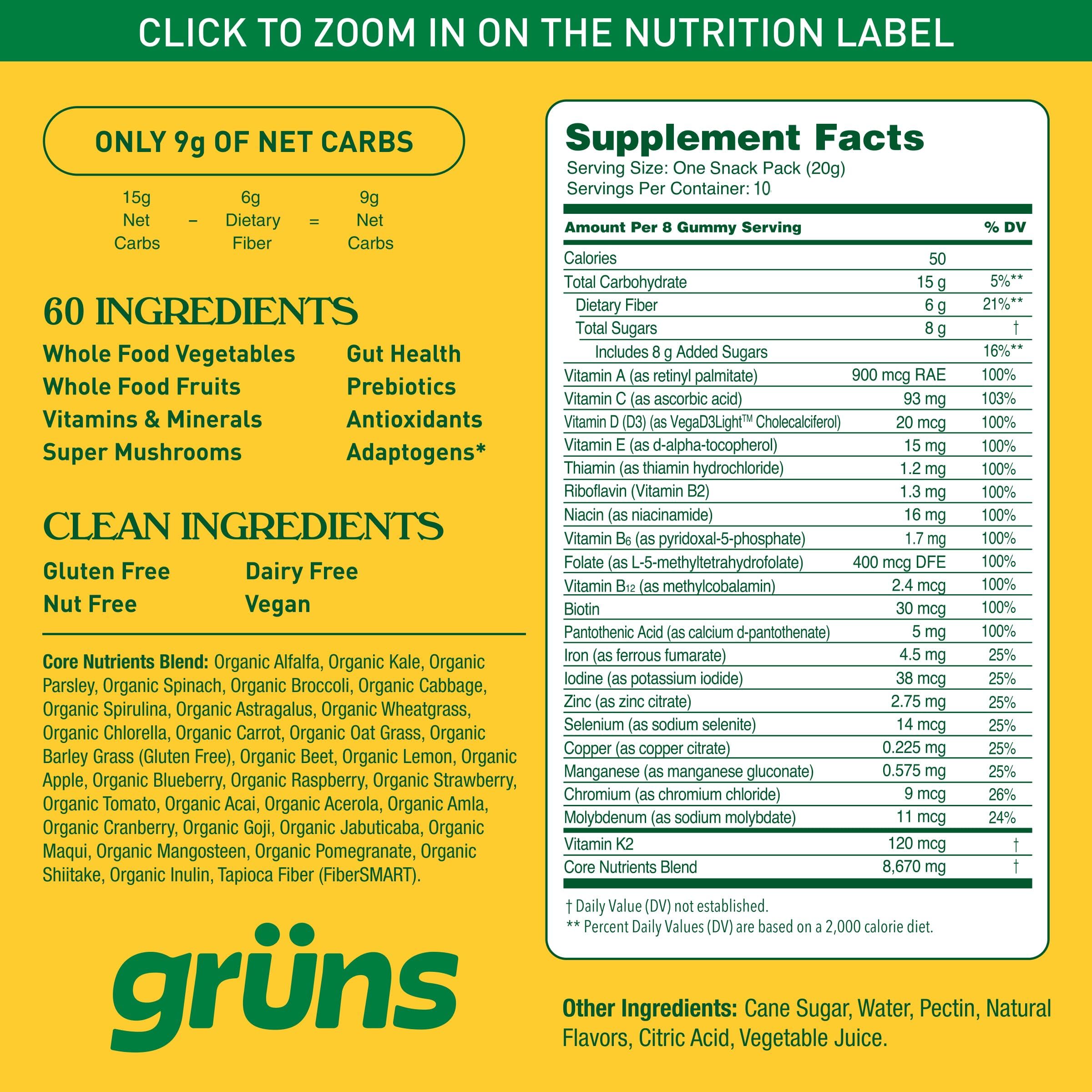 Grüns Adults Super Greens Gummies – Multivitamin, Digestive Health, Adaptogens