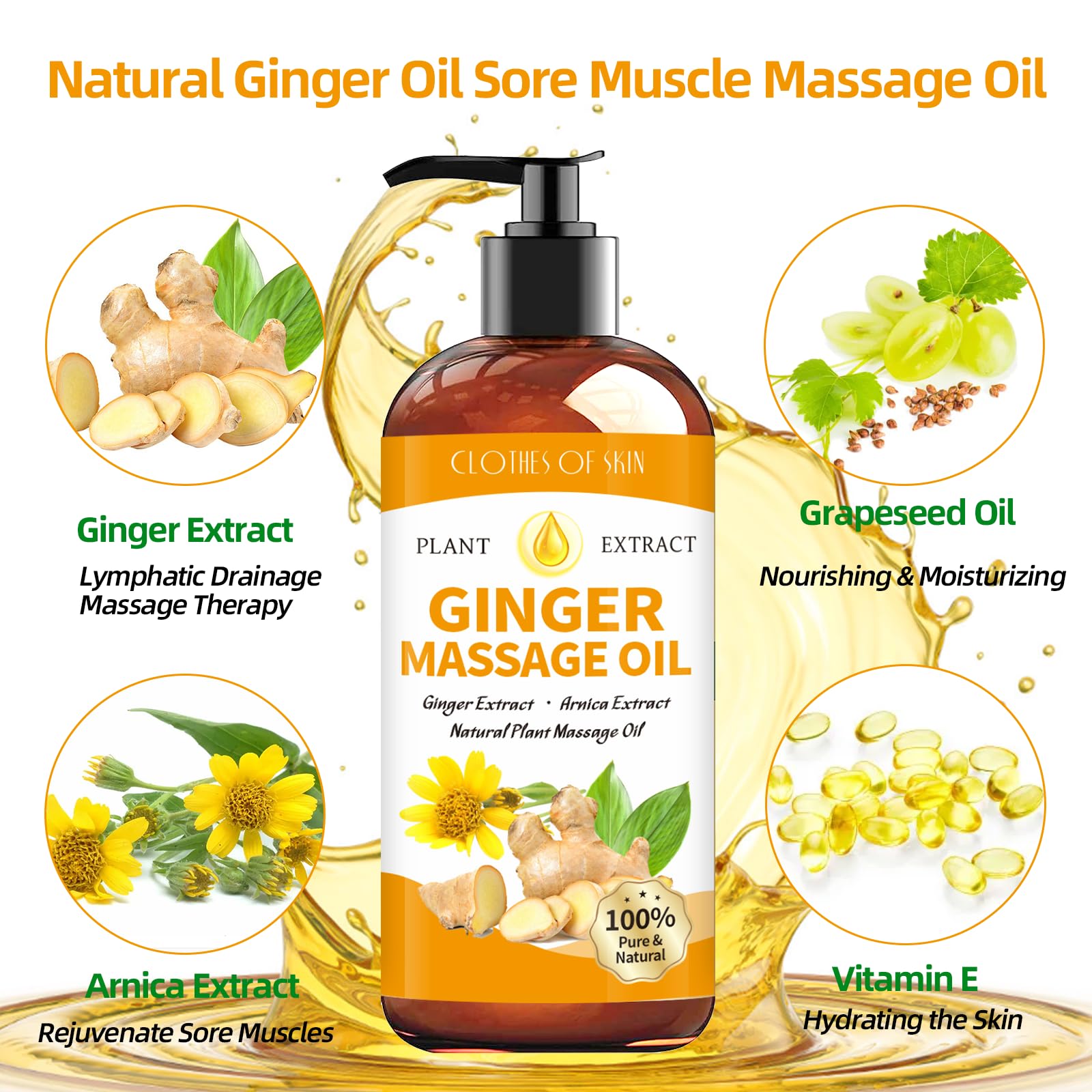 Ginger Oil Massage Oil for Therapy, Lymphatic Drainage, Sore Muscle Relief | Arnica