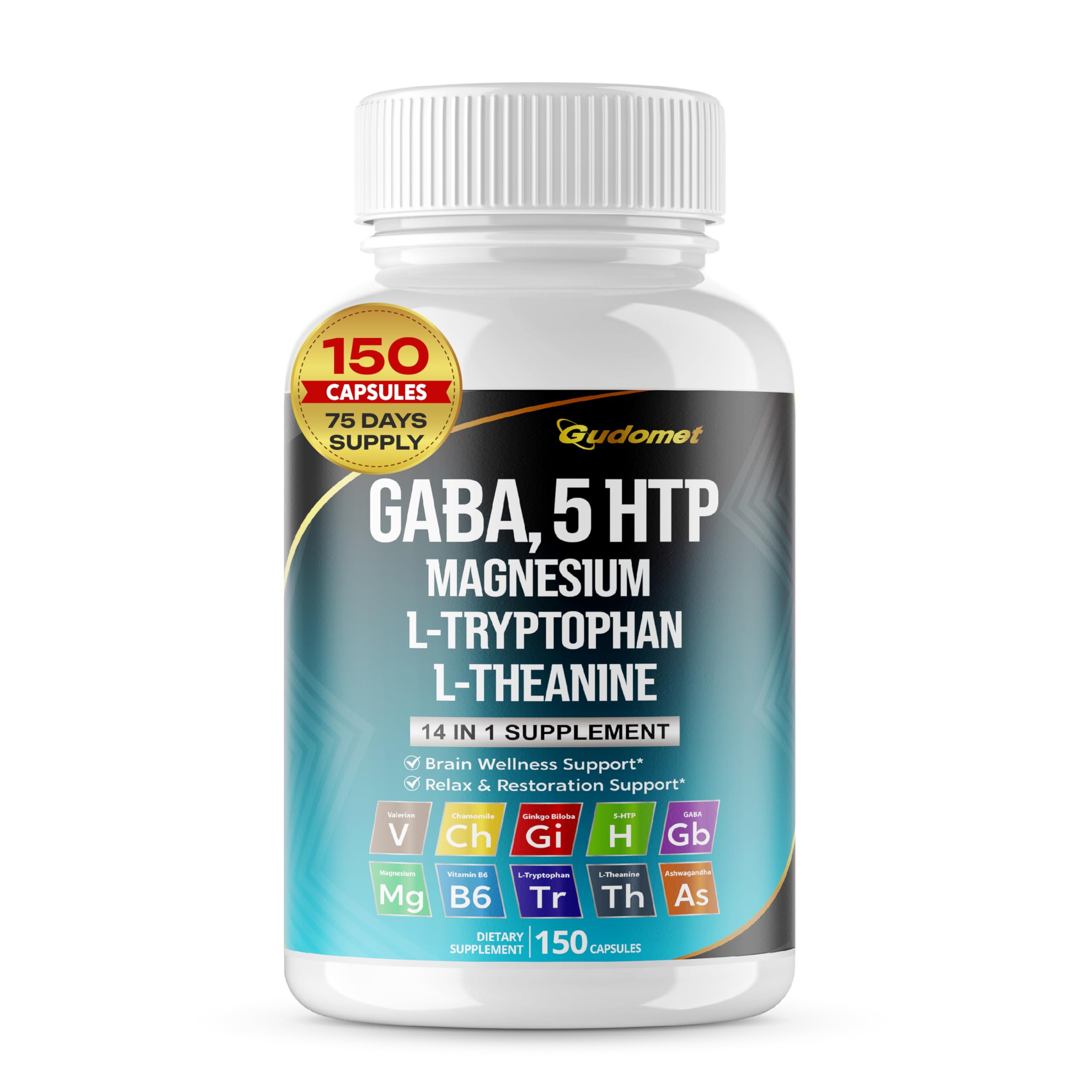 Gudomet GABA 5-HTP L-Tryptophan L-Theanine D3 B6 – 150 Capsules – Made in USA