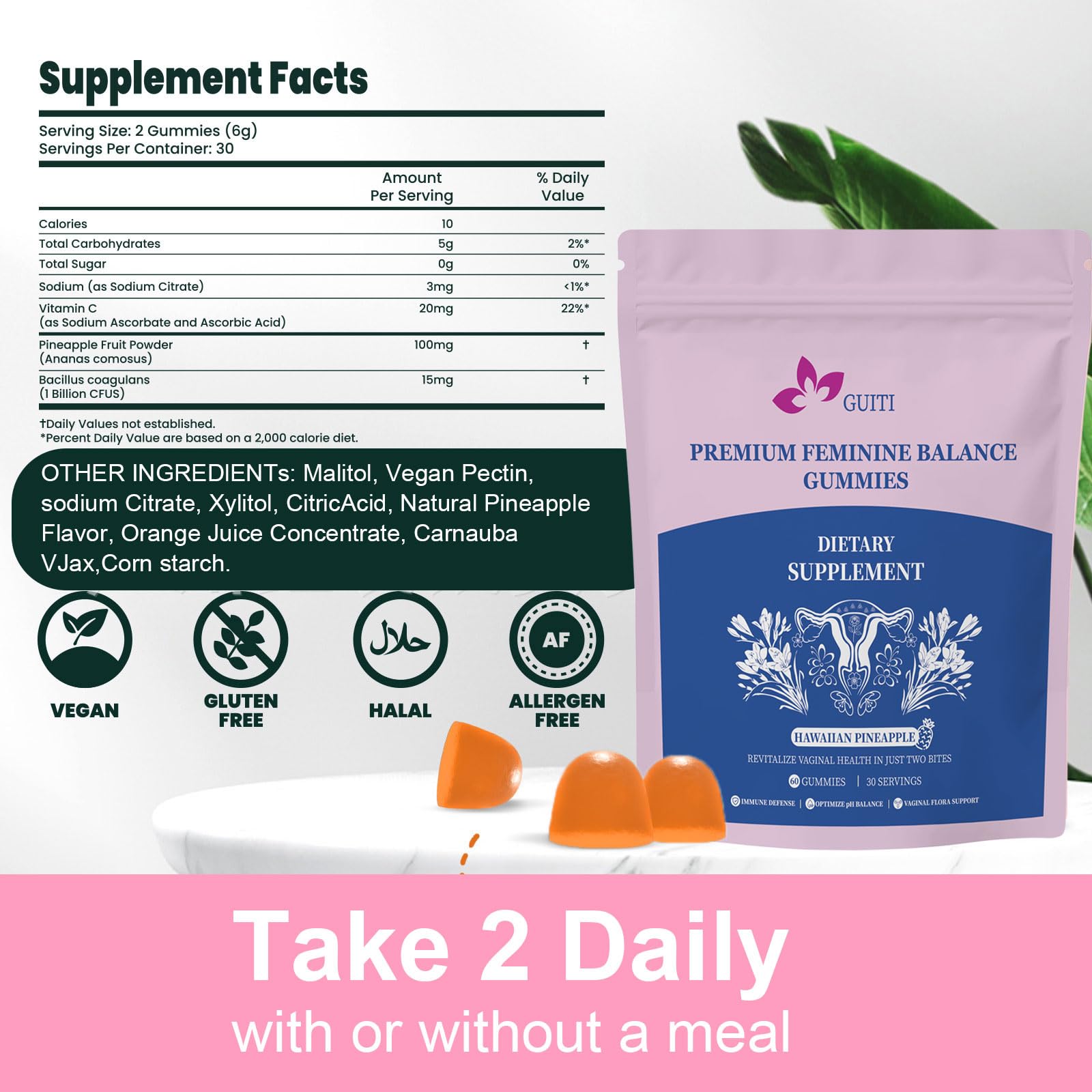 GUITI Premium Feminine Balance Gummies for Women – Pineapple Probiotic, Vegan & Gluten-Free, 60 Gummies