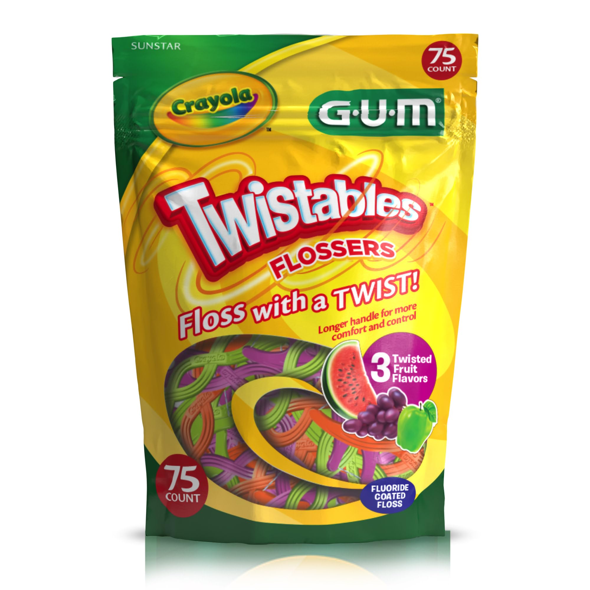 GUM Crayola Twistables Kids Flossers with Fluoride - 75 Count, 3 Flavors, Ages 3+