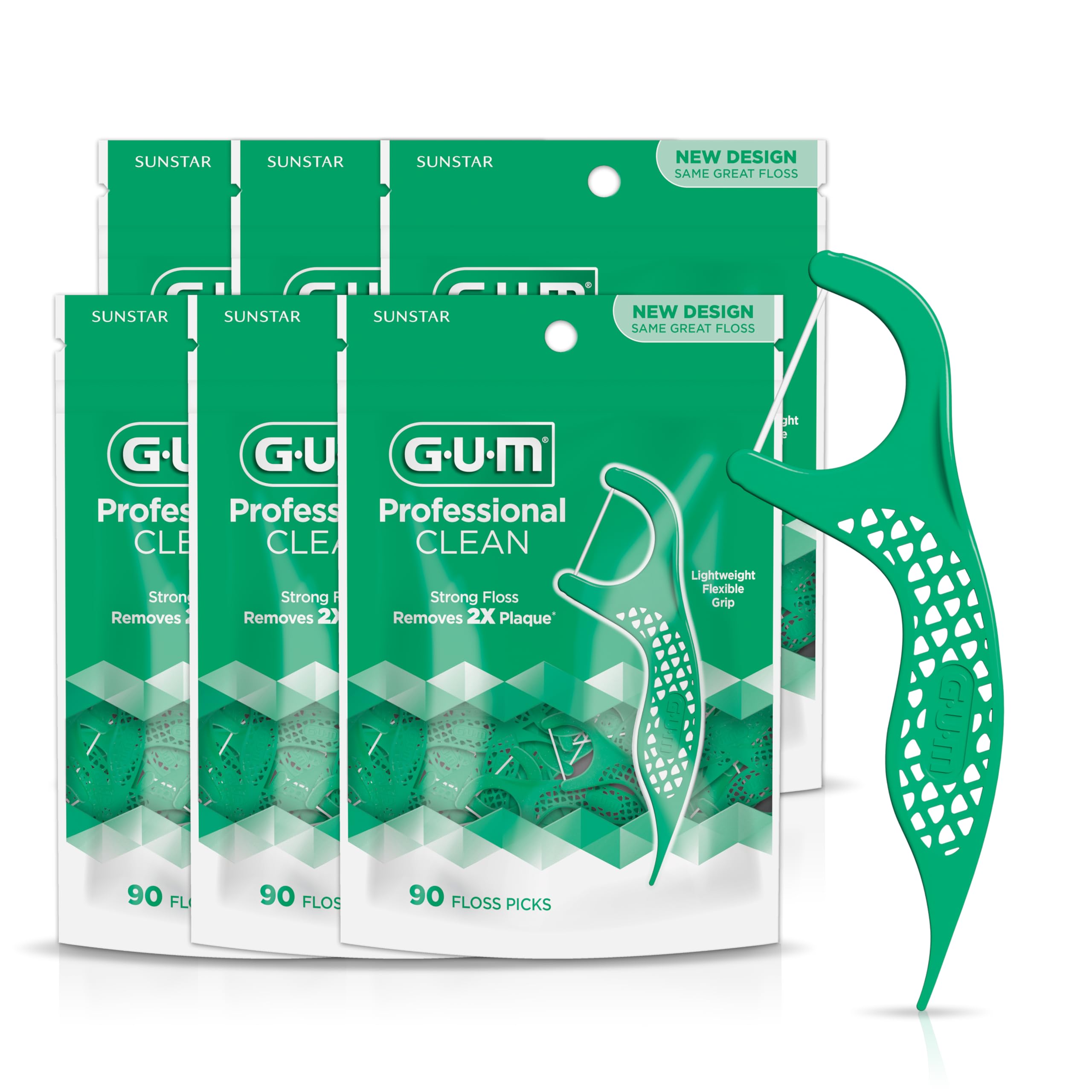 GUM Professional Clean Floss Picks – Extra-Strong Mint Floss, Easy-Grip Handle (90 Count, Pack of 6)