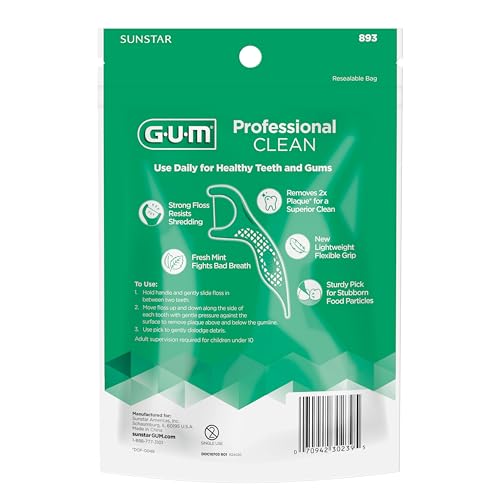 GUM Professional Clean Floss Picks – Extra-Strong Mint Floss, Easy-Grip Handle (90 Count, Pack of 6)