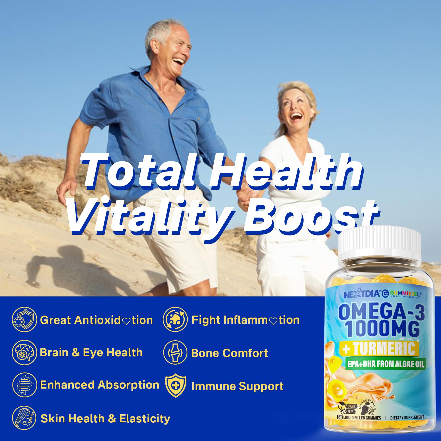 Vegan Omega-3 Gummies 1000mg + Turmeric | Algae DHA 600mg & EPA 300mg | Sugar Free, 60 Count