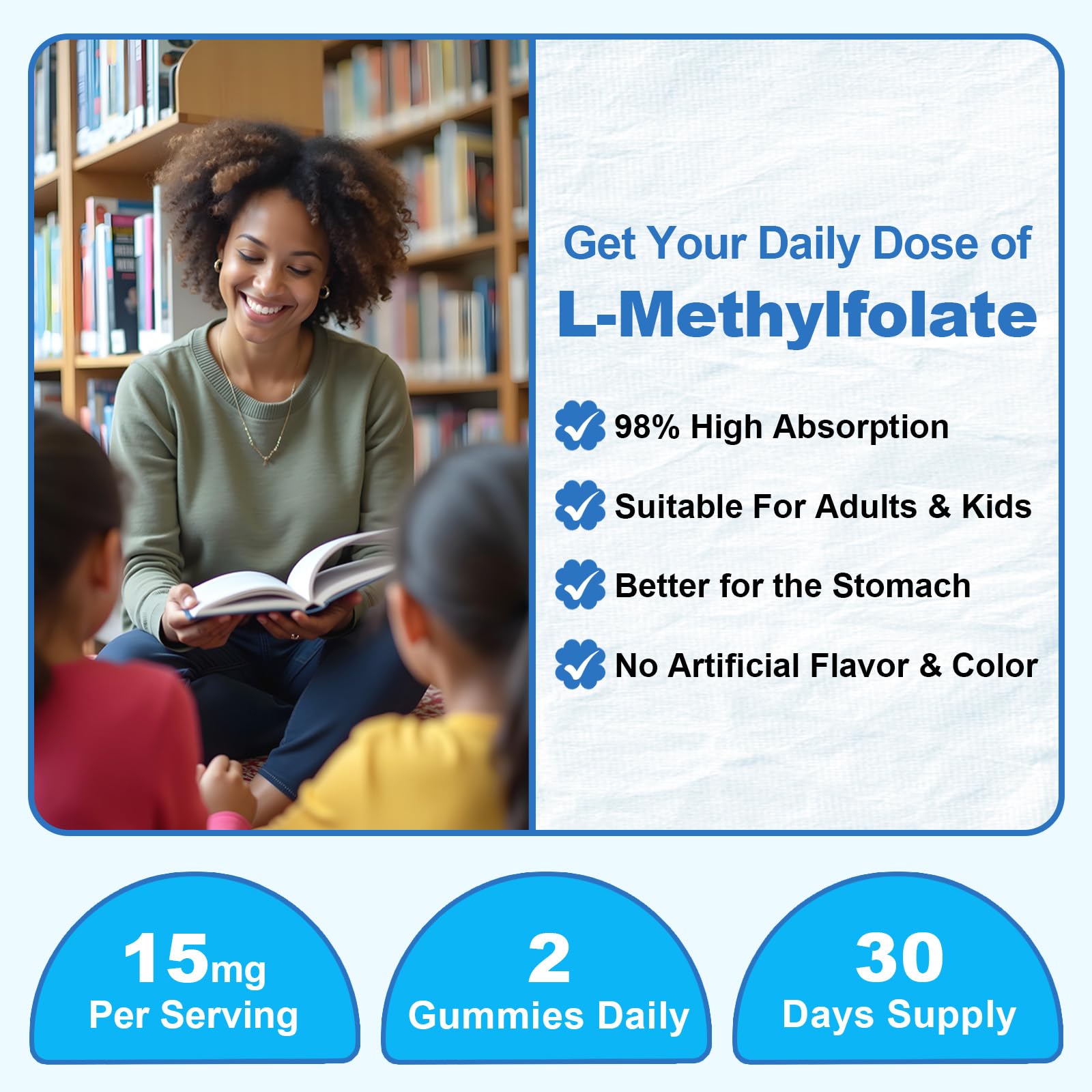 L-Methylfolate 15mg Gummies with Methyl B12 – 60 Count | Sugar Free, Vegan, Non-GMO Folate 5-MTHF