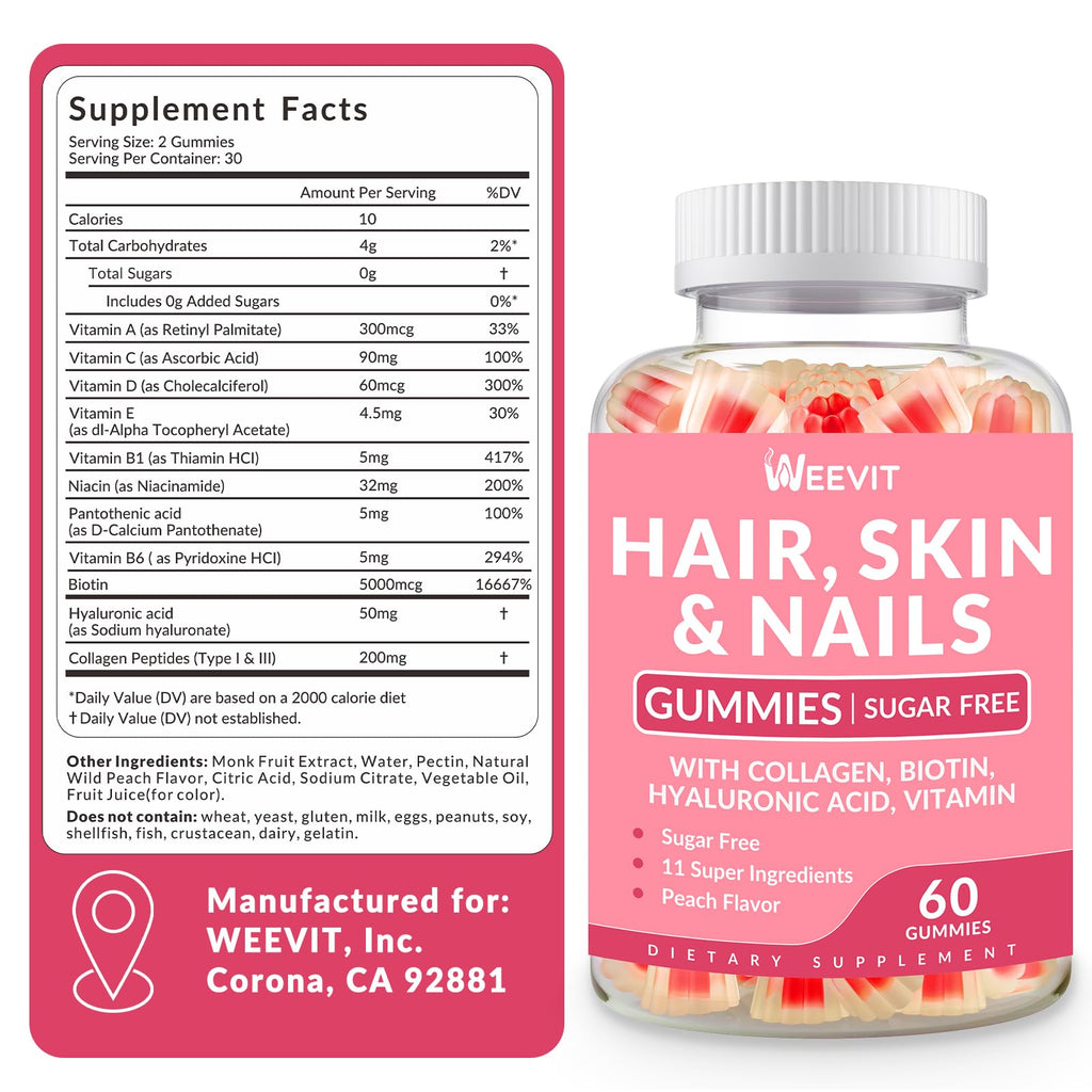 Hair Skin & Nails Gummies – Biotin, Collagen & Hyaluronic Acid | Gluten Free & Non-GMO