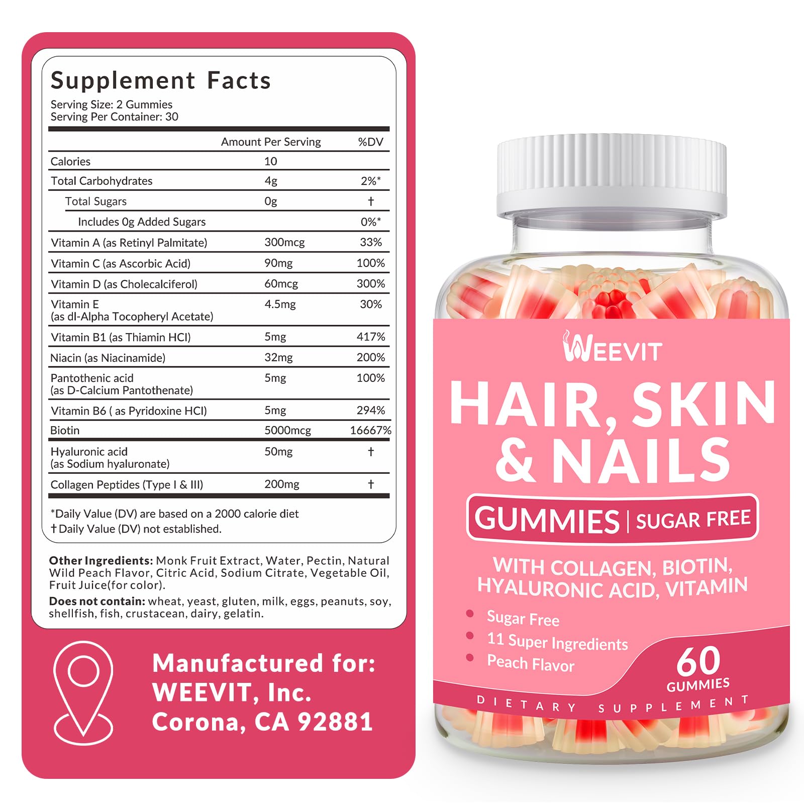 Hair Skin & Nails Gummies – Biotin, Collagen & Hyaluronic Acid | Gluten Free & Non-GMO