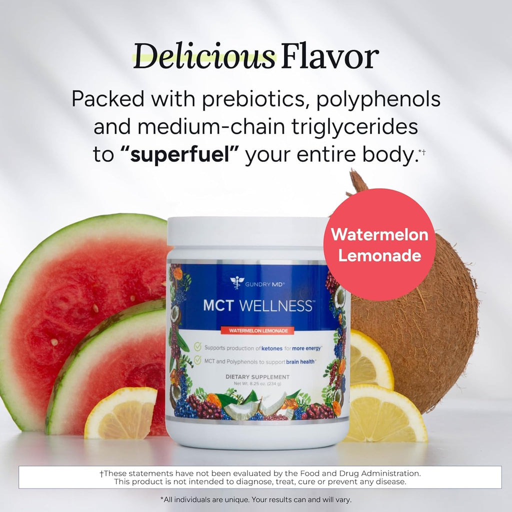 Gundry MD MCT Wellness Powder – Energy, Ketone Support, Brain Health, Sugar Free | Watermelon Lemonade, 90 Day Supply