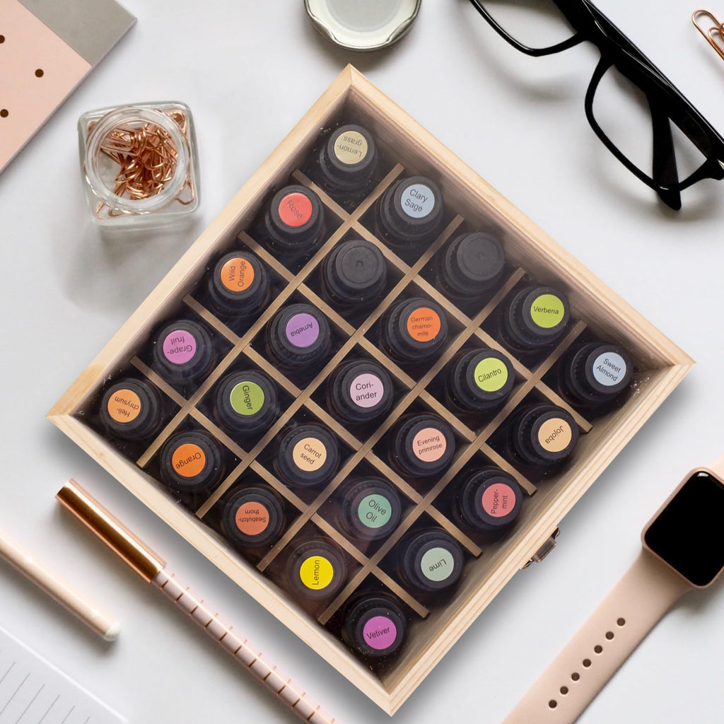 Guolich Essential Oil Storage Box – 25-Slot Wooden Display for 15 ml Bottles