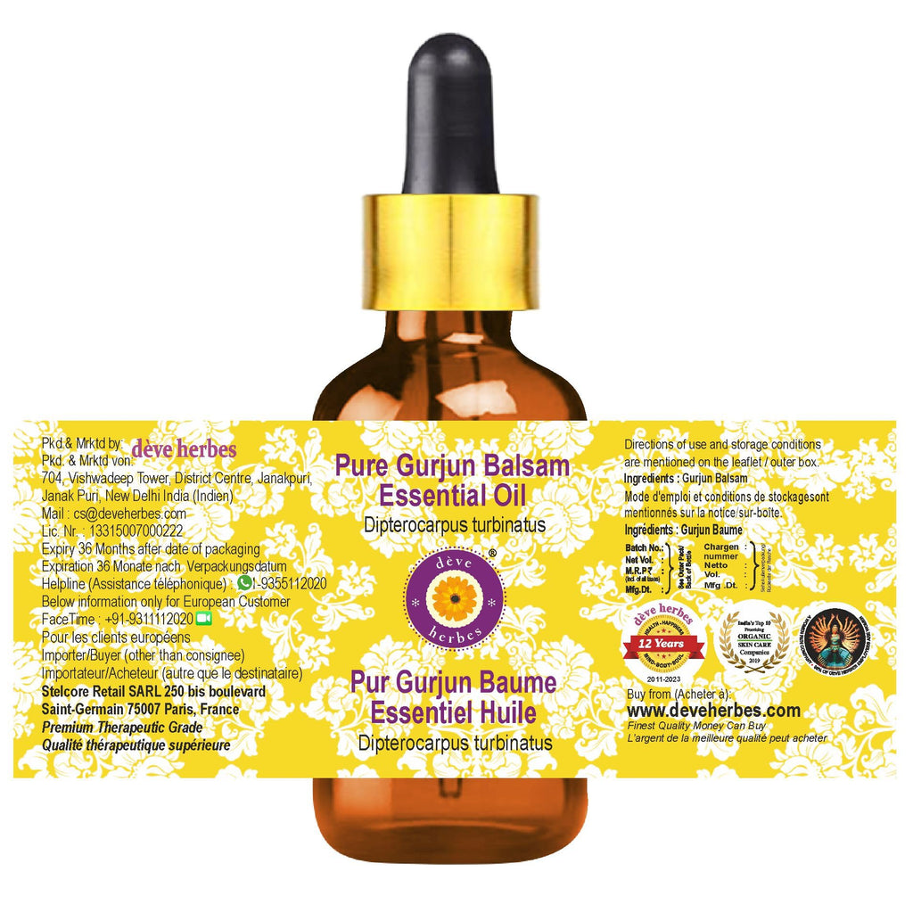 dève herbes Gurjun Balsam Essential Oil 30ml | Steam Distilled Dipterocarpus turbinatus | Glass Dropper