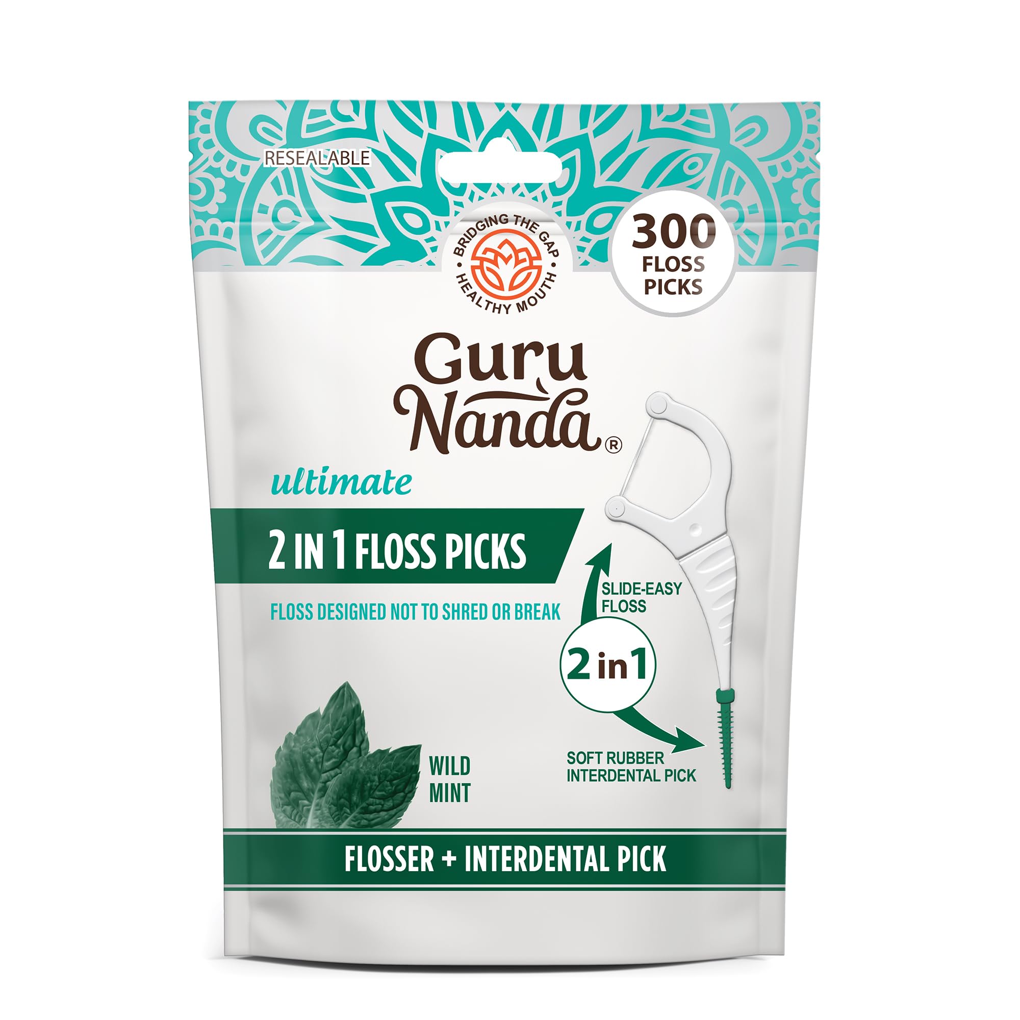GuruNanda 2-in-1 Dental Floss Picks – 300 Count, Mint Flavor, Non-Slip Grip