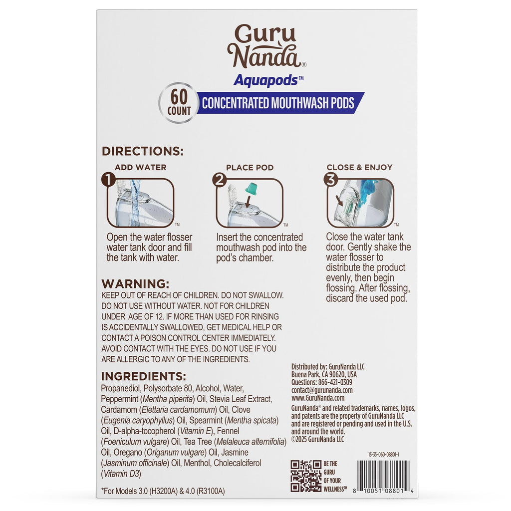 GuruNanda Aqua Pods - Pre-Measured Mouthwash for Water Flosser 4.0, Fluoride & Alcohol-Free, Wild Mint, 60 Count