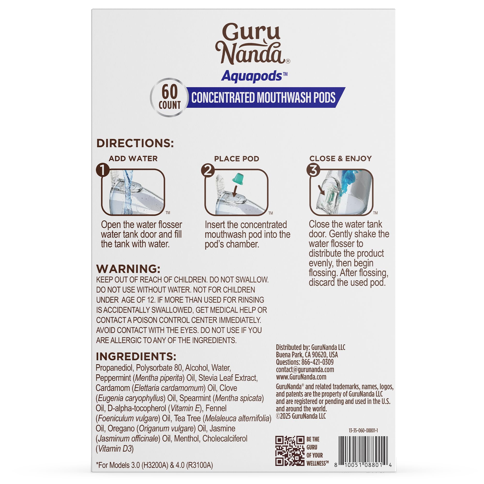 GuruNanda Aqua Pods - Pre-Measured Mouthwash for Water Flosser 4.0, Fluoride & Alcohol-Free, Wild Mint, 60 Count