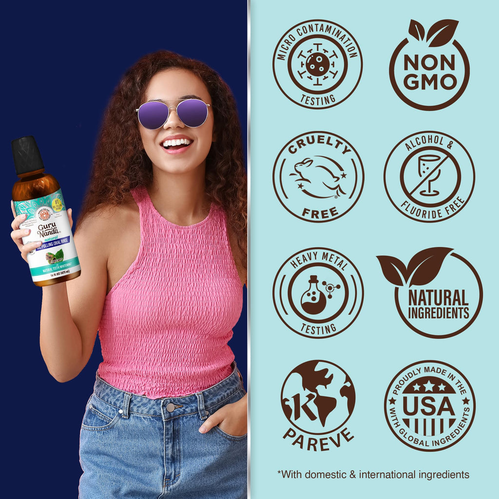 GuruNanda CocoMint Oil Pulling Mouthwash – 16 oz, 7 Essential Oils & Vitamins, Alcohol-Free
