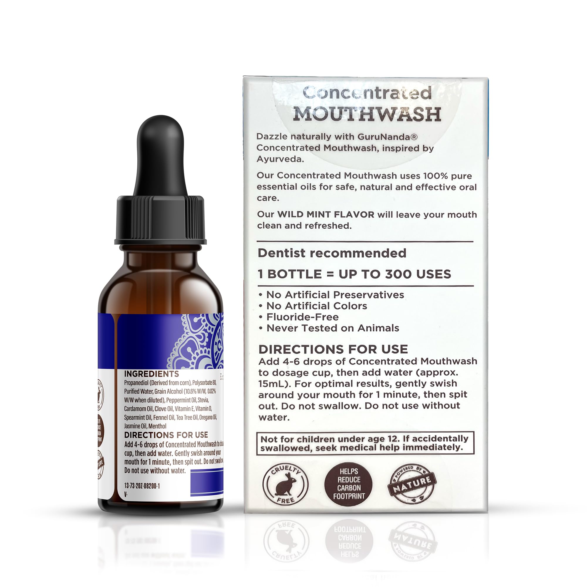GuruNanda Concentrated Mouthwash (3x2 fl oz) - 300 Rinses, Fluoride-Free Mint with Essential Oils