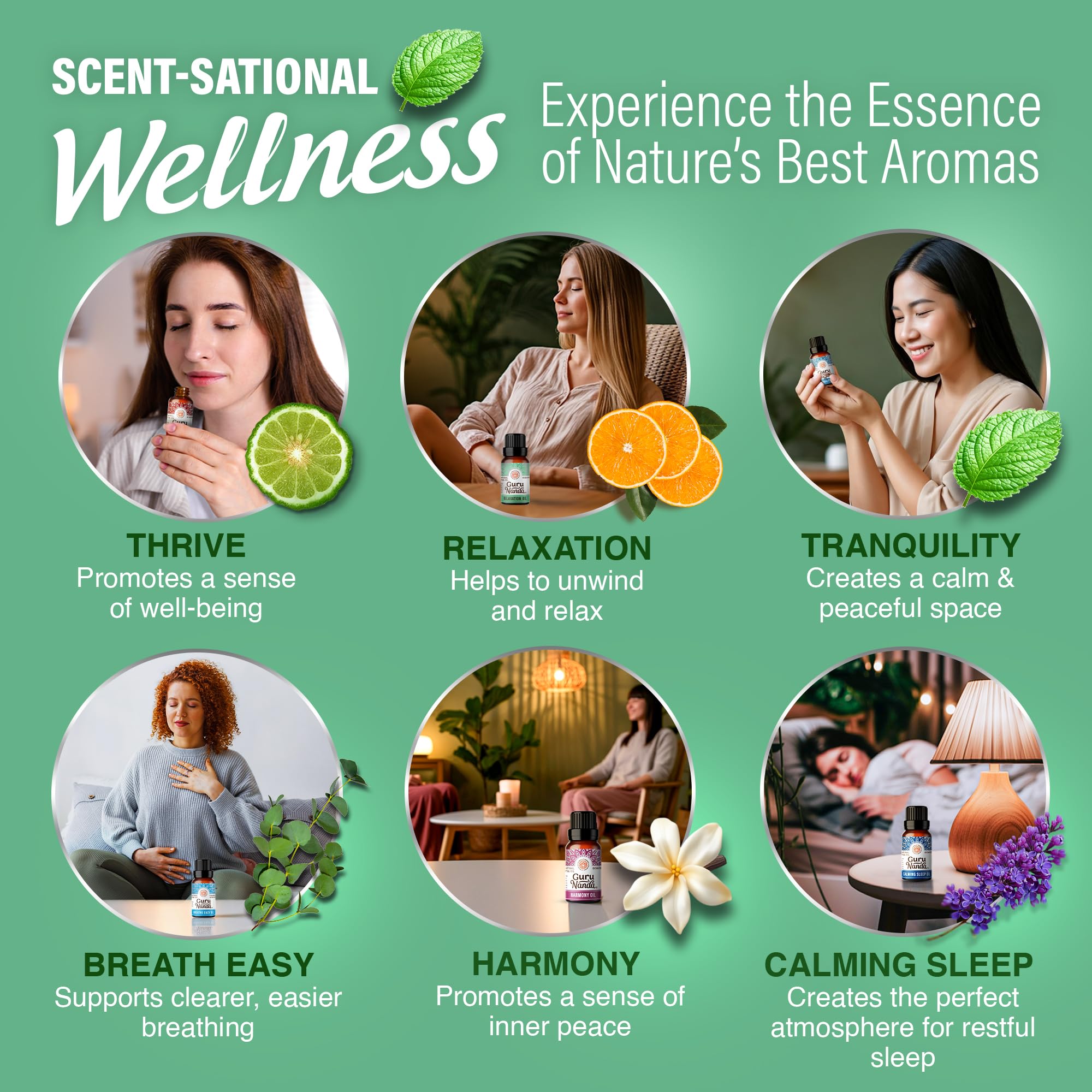GuruNanda Essential Oil Blends (Set of 6) – 6-Pack Aromatherapy Oils for Diffusers