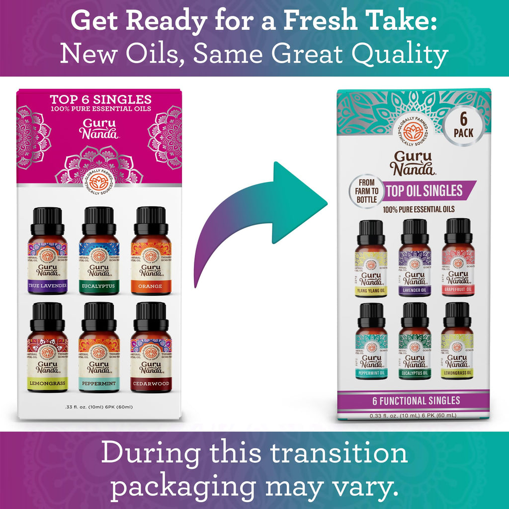 GuruNanda Essential Oils Set for Diffusers – 6 x 0.33 Fl Oz, 100% Pure & Natural (Lavender, Peppermint, Eucalyptus, Grapefruit, Lemongrass, Ylang Ylang) Pack of 6