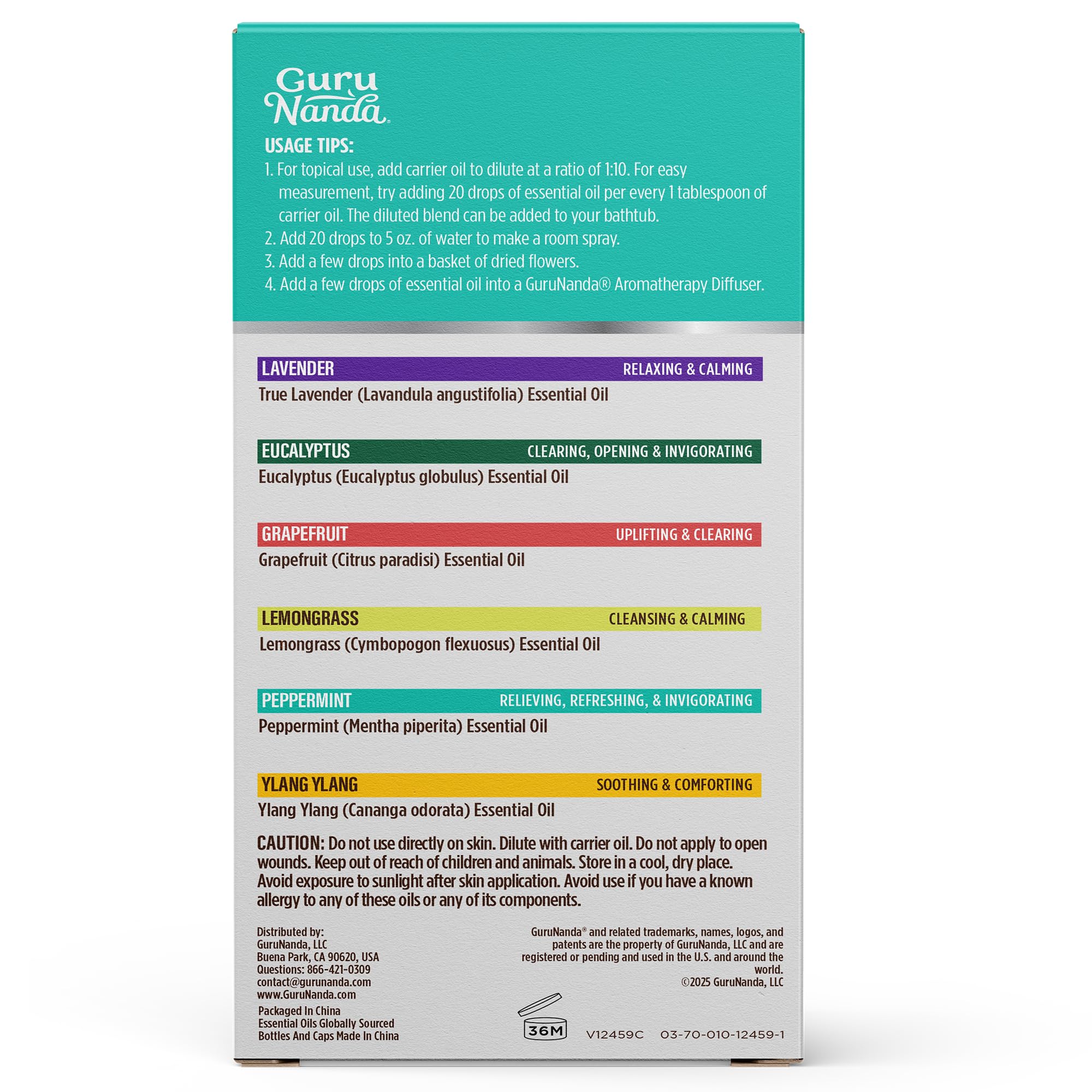 GuruNanda Essential Oils Set for Diffusers – 6 x 0.33 Fl Oz, 100% Pure & Natural (Lavender, Peppermint, Eucalyptus, Grapefruit, Lemongrass, Ylang Ylang) Pack of 6