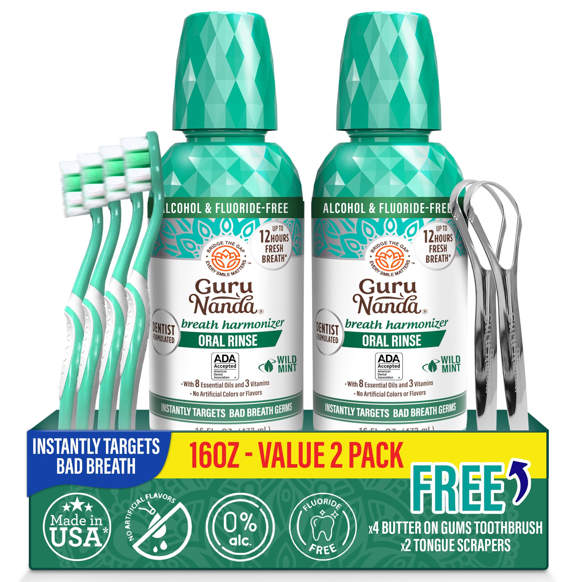 GuruNanda Fresh Breath Mouthwash - ADA-Approved, Alcohol & Fluoride-Free, Wild Mint 32 oz (2-Pack)