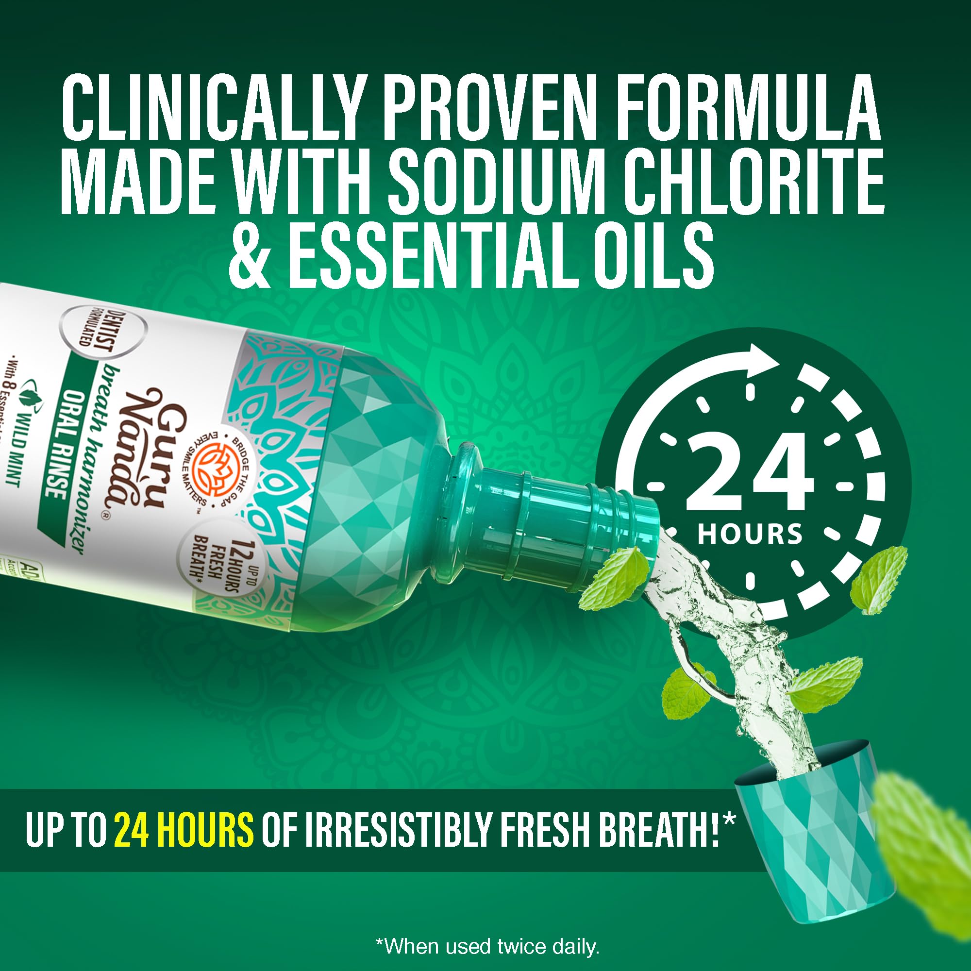 GuruNanda Fresh Breath Mouthwash - ADA-Approved, Alcohol & Fluoride-Free, Wild Mint 32 oz (2-Pack)
