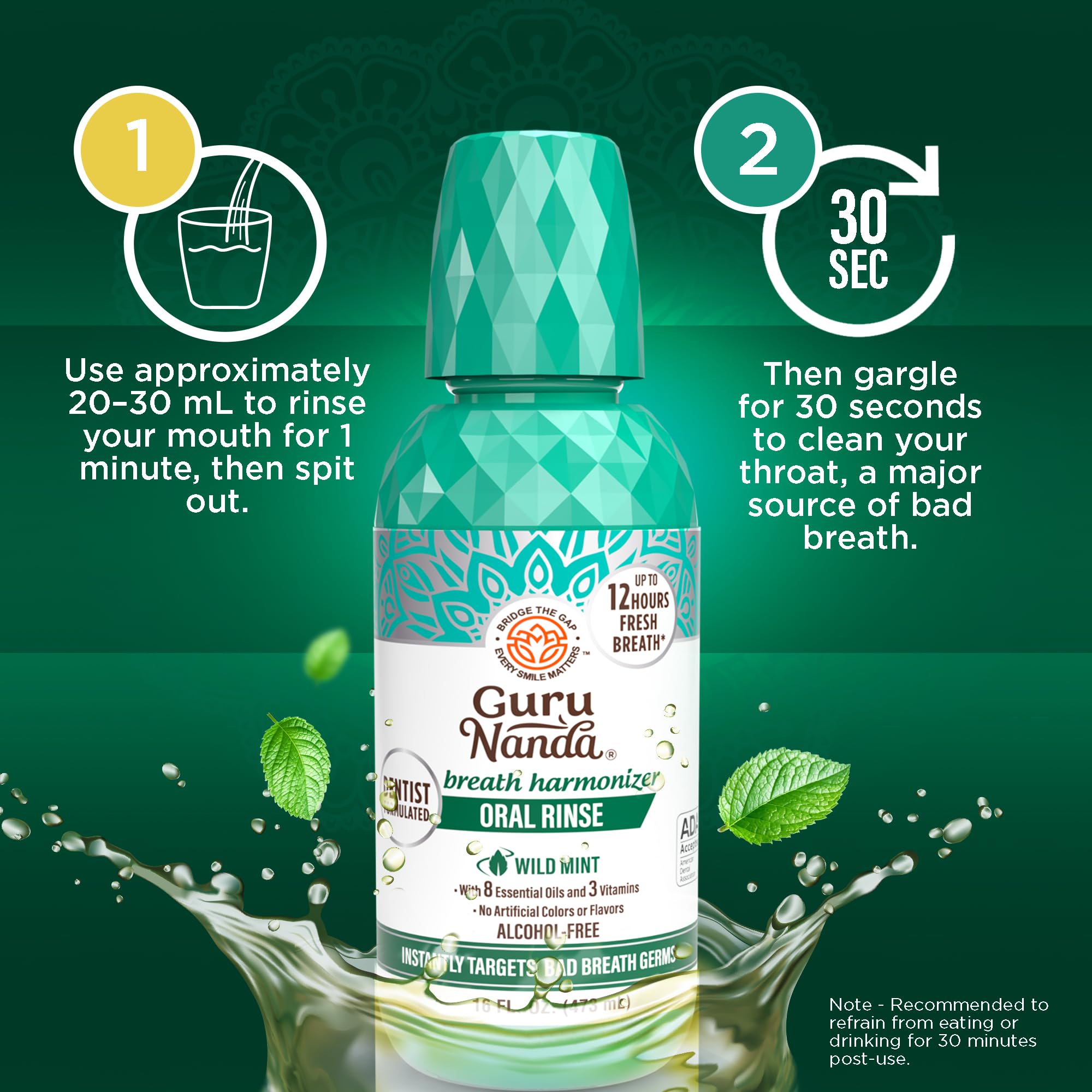 GuruNanda Fresh Breath Mouthwash - ADA-Approved, Alcohol & Fluoride-Free, Wild Mint 32 oz (2-Pack)
