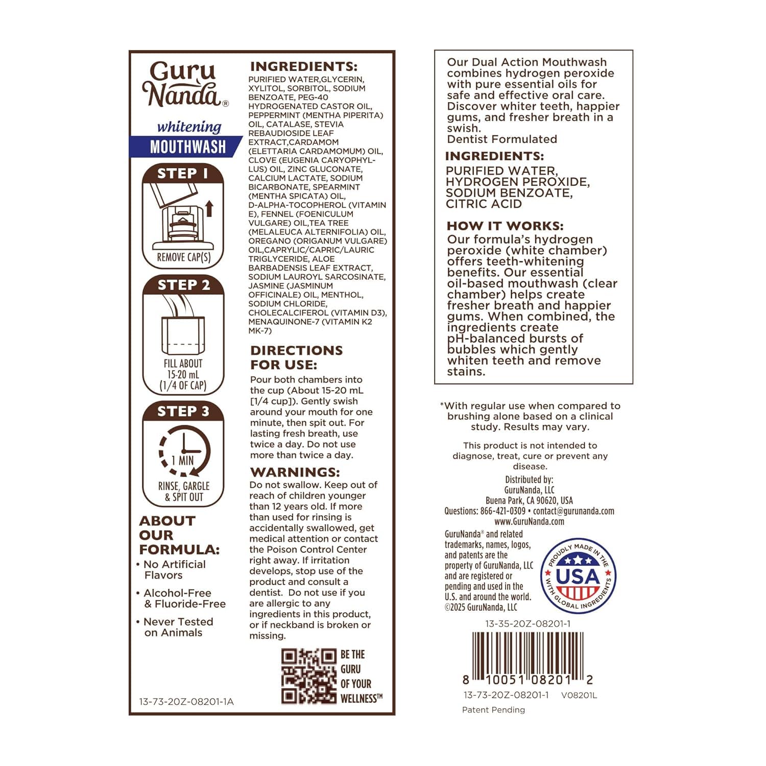 GuruNanda Teeth Whitening Dual Barrel Oxyburst Mouthwash – Alcohol & Fluoride Free, Wild Mint, 20 Fl Oz