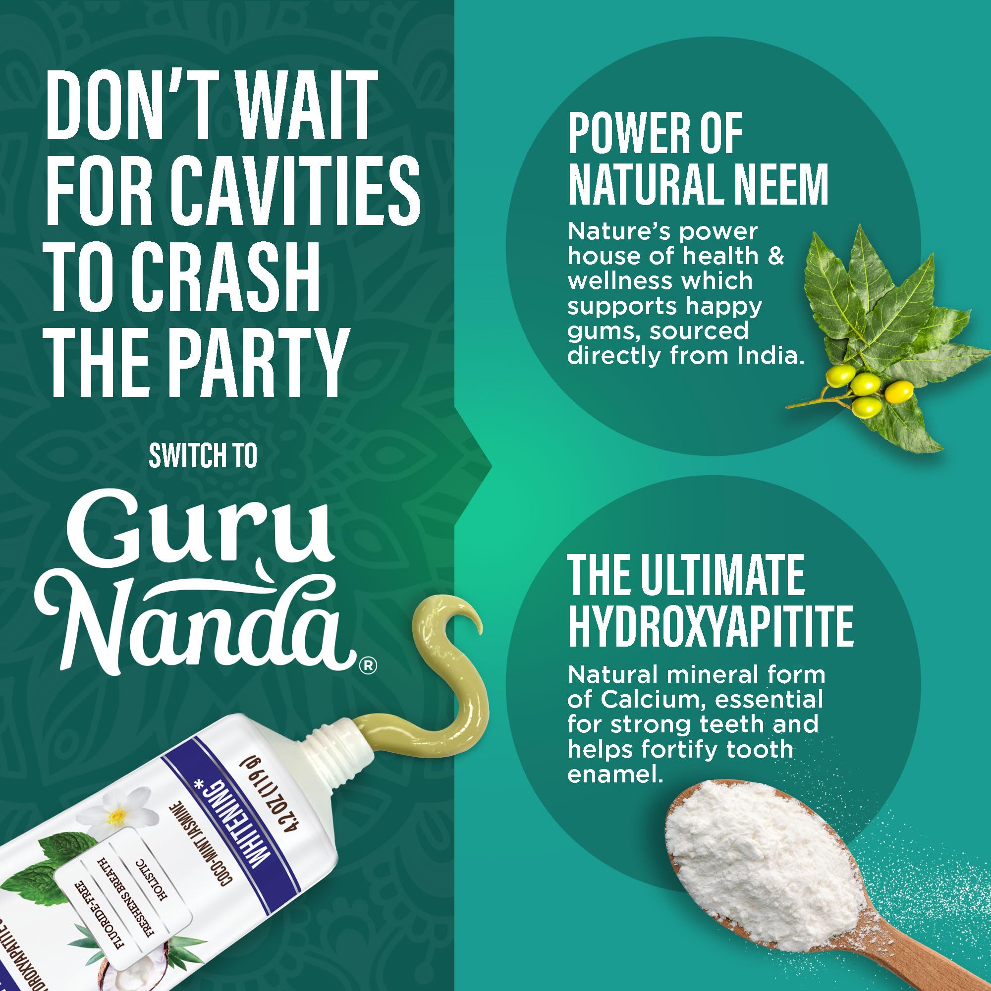 GuruNanda Hydroxyapatite Toothpaste – SLS & Fluoride Free, CocoMint Jasmine Neem (4.2oz Pack of 2)