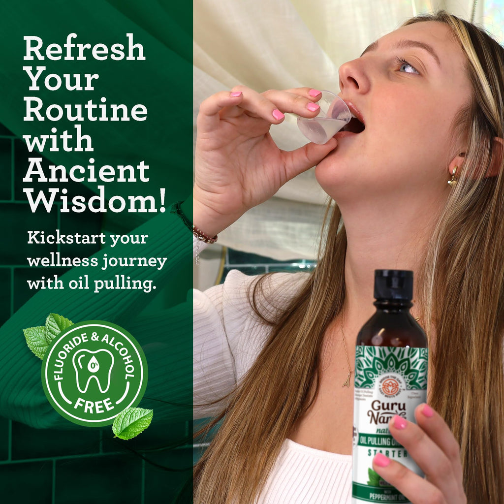 GuruNanda Starter Pulling Oil Mouthwash – Natural Teeth Whitening, Alcohol-Free, 2x8 oz with Tongue Scraper