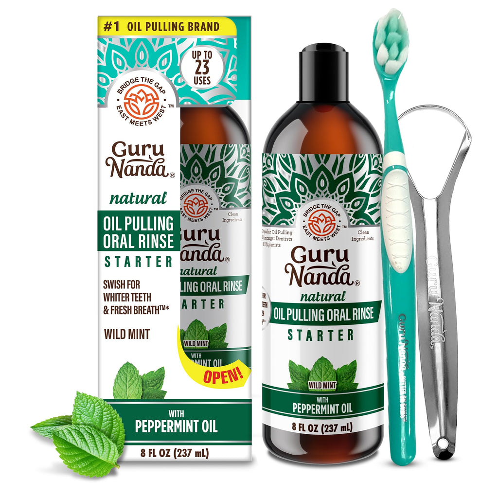 GuruNanda Starter Pulling Oil Mouthwash – Coconut & Peppermint, Alcohol-Free, 8 oz with Toothbrush & Tongue Scraper